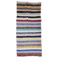 Vintage American Rag Rug, Handwoven Folk Art, Multicolor Stripe Pattern, 3’ x 7’