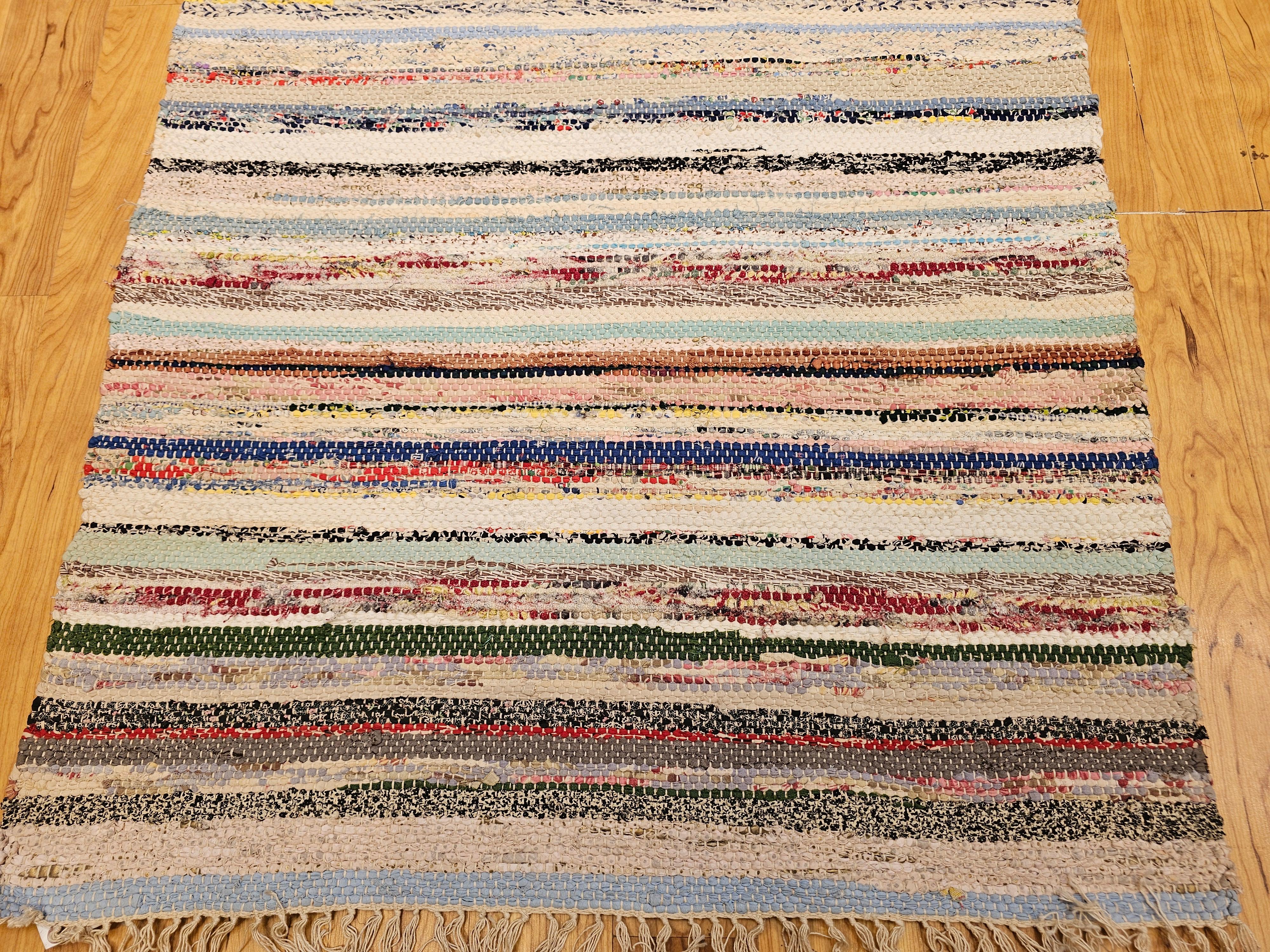 Tessuto a mano American Rag Rug d'epoca a bande di tonalità della terra ispirato ai Rug & Kilim scandinavi in vendita