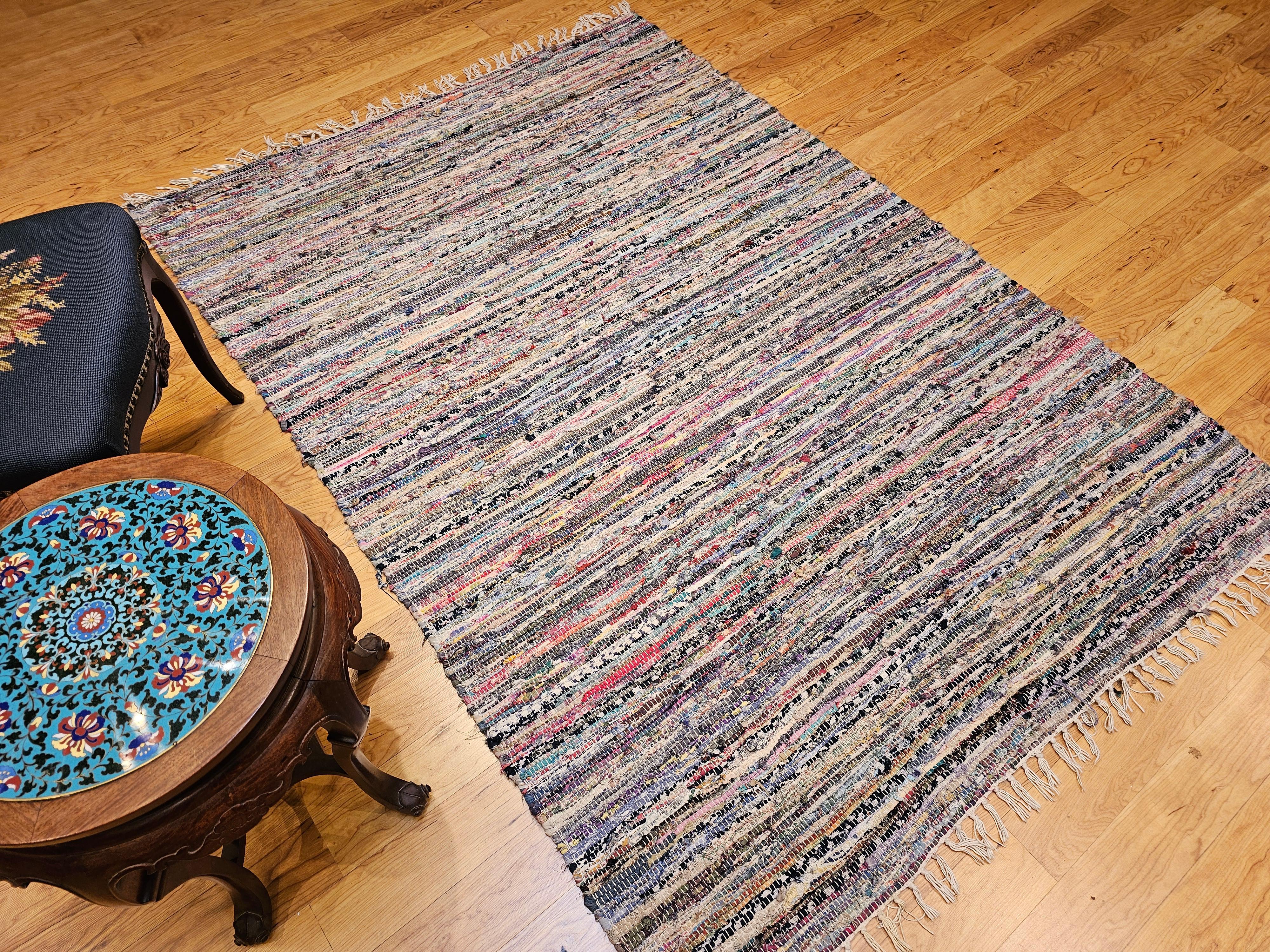 Vintage American Rag Rug in Stripe Pattern in Blue, Yellow, Red, Pink, White 4