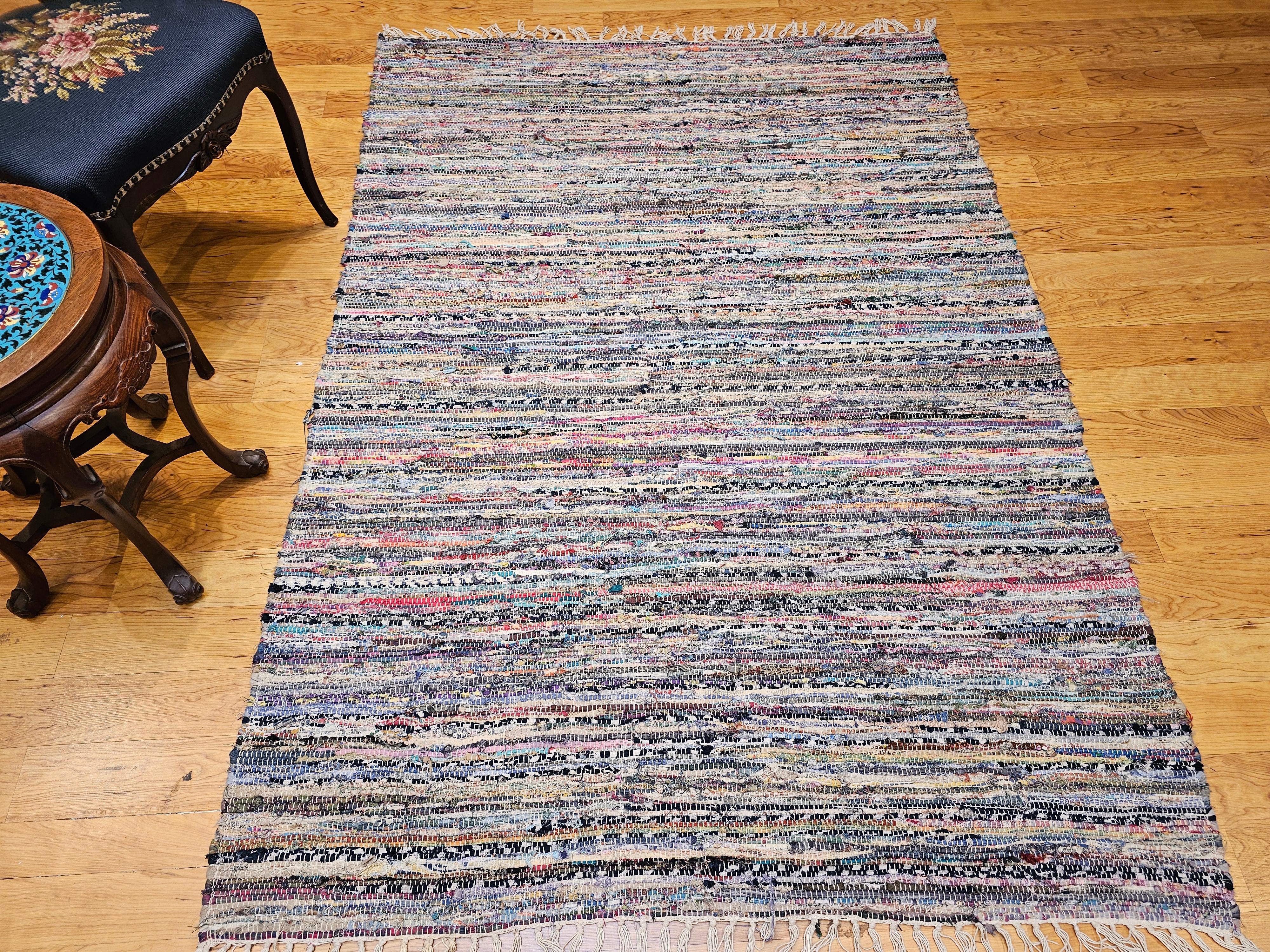 Vintage American Rag Rug in Stripe Pattern in Blue, Yellow, Red, Pink, White For Sale 5