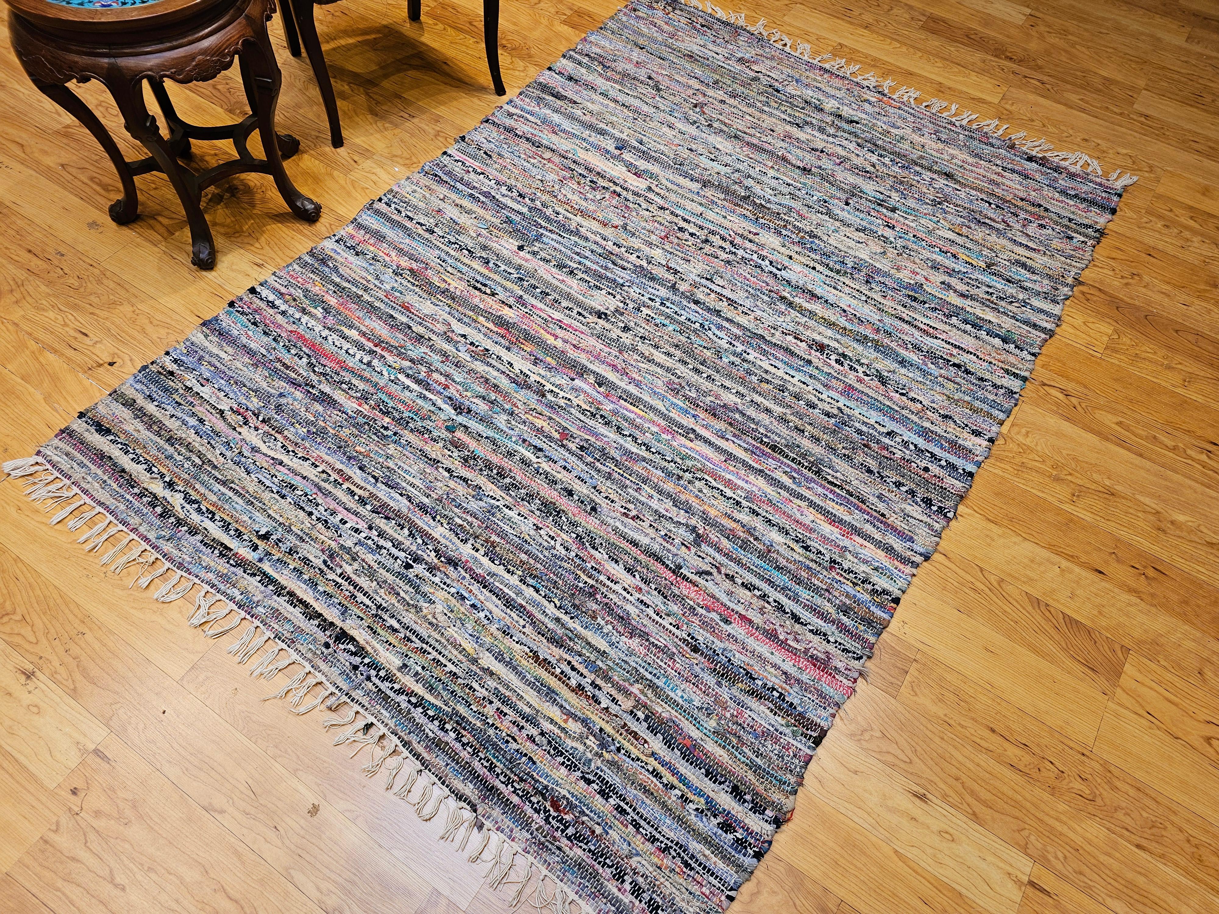 Vintage American Rag Rug in Stripe Pattern in Blue, Yellow, Red, Pink, White For Sale 6