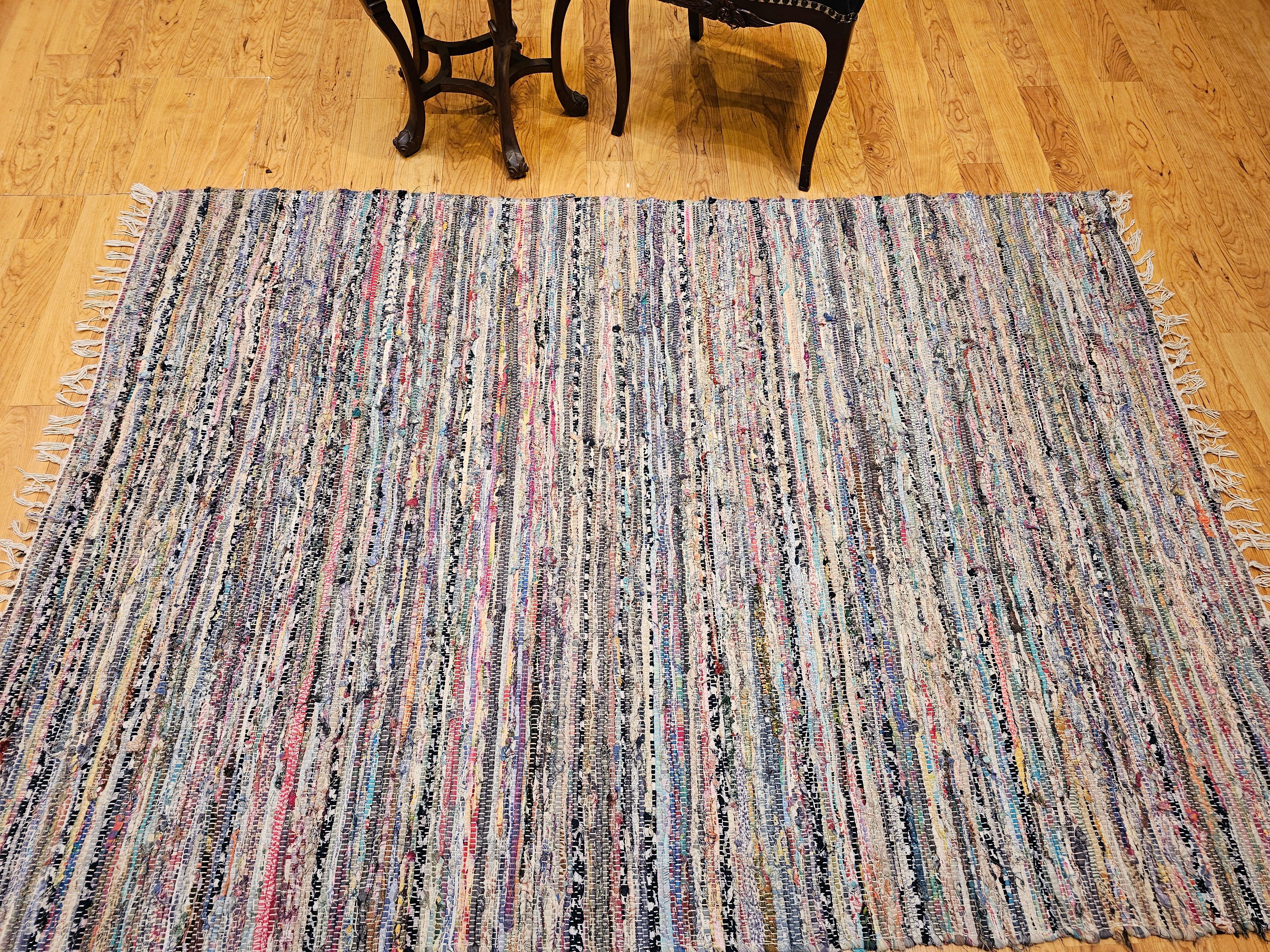 Vintage American Rag Rug in Stripe Pattern in Blue, Yellow, Red, Pink, White For Sale 7