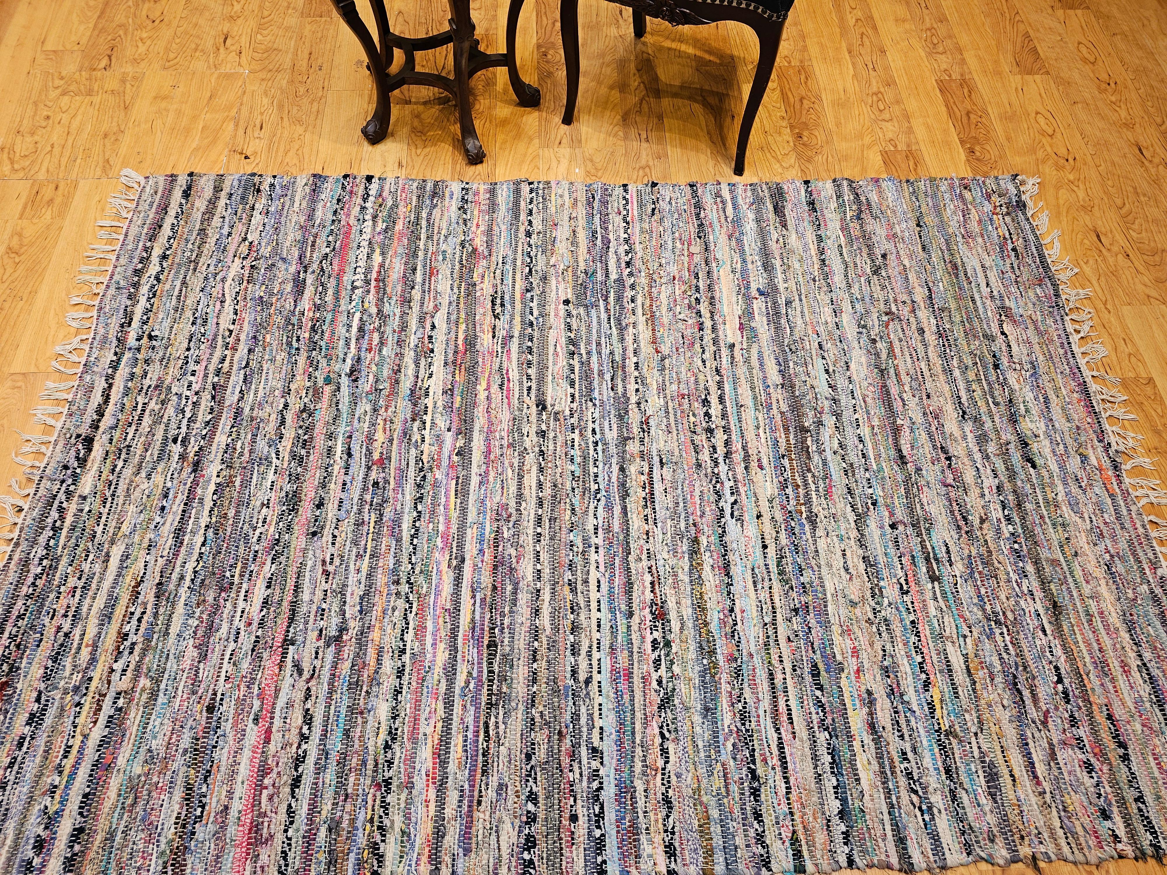 Vintage American Rag Rug in Stripe Pattern in Blue, Yellow, Red, Pink, White 7