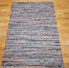 Vintage American Rag Rug in Streifenmuster in Blau, Gelb, Rot, Rosa, Weiß