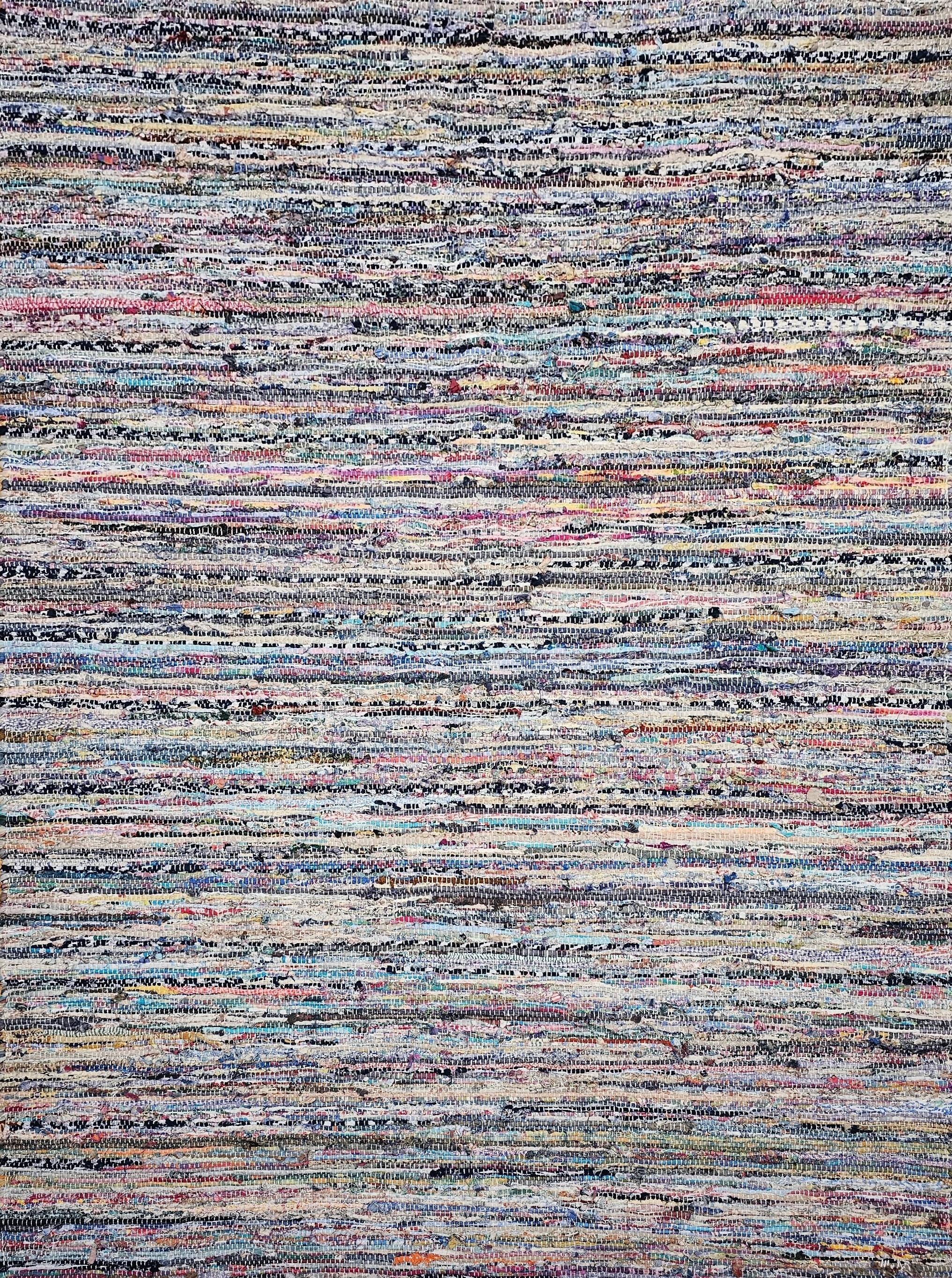 Hand-Woven Vintage American Rag Rug in Stripe Pattern in Blue, Yellow, Red, Pink, White For Sale