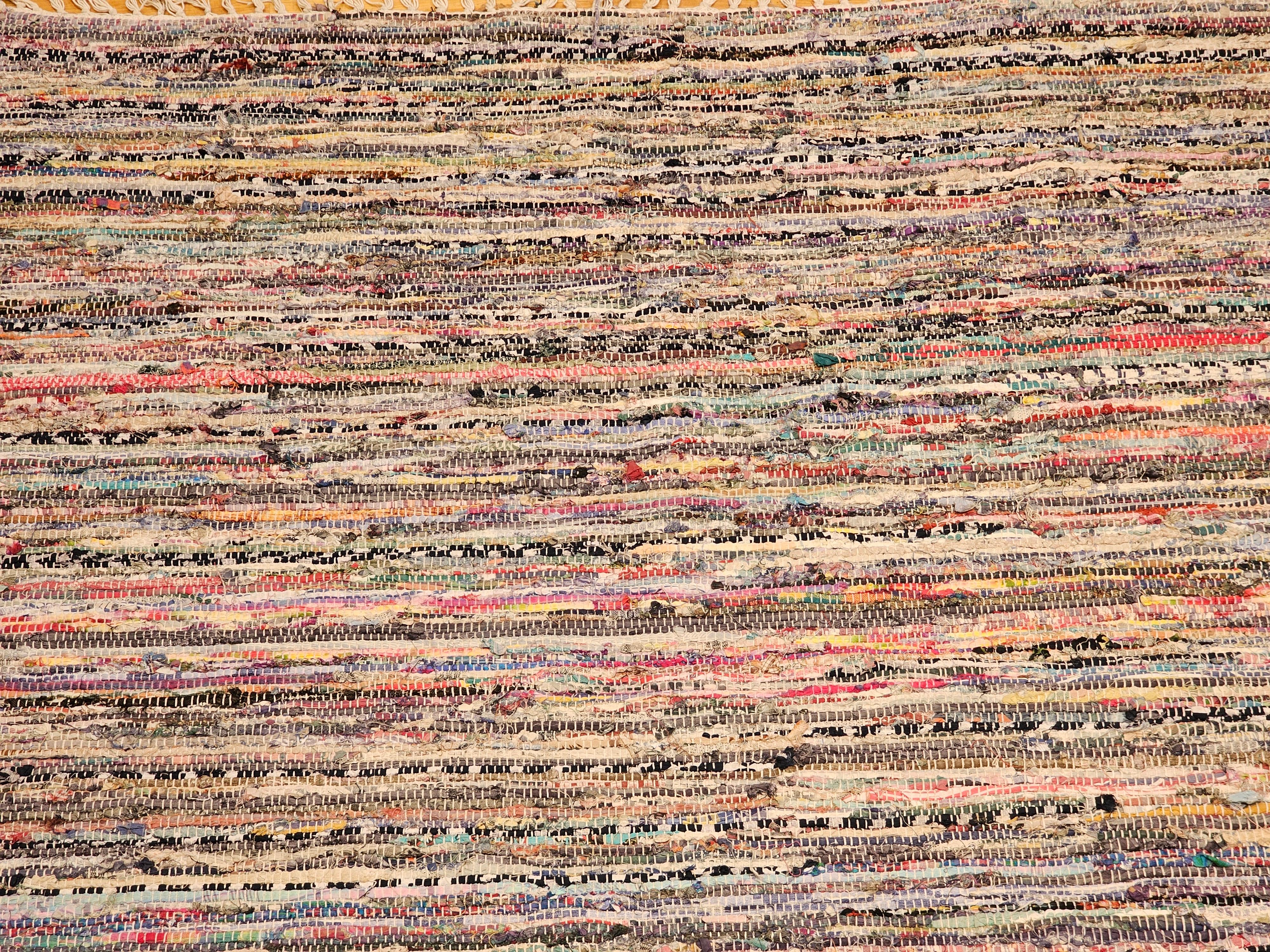 Cotton Vintage American Rag Rug in Stripe Pattern in Blue, Yellow, Red, Pink, White