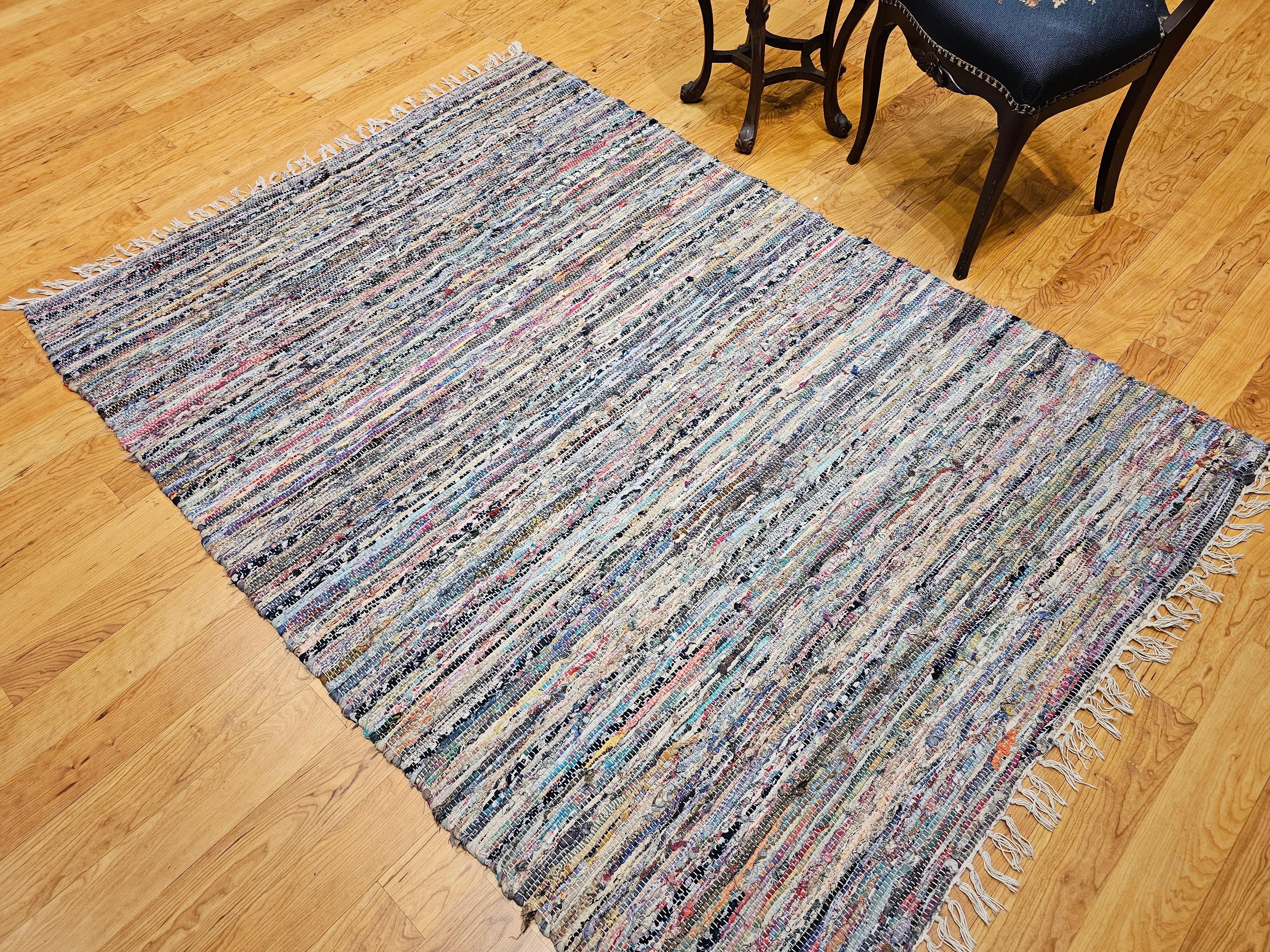 Vintage American Rag Rug in Stripe Pattern in Blue, Yellow, Red, Pink, White For Sale 1