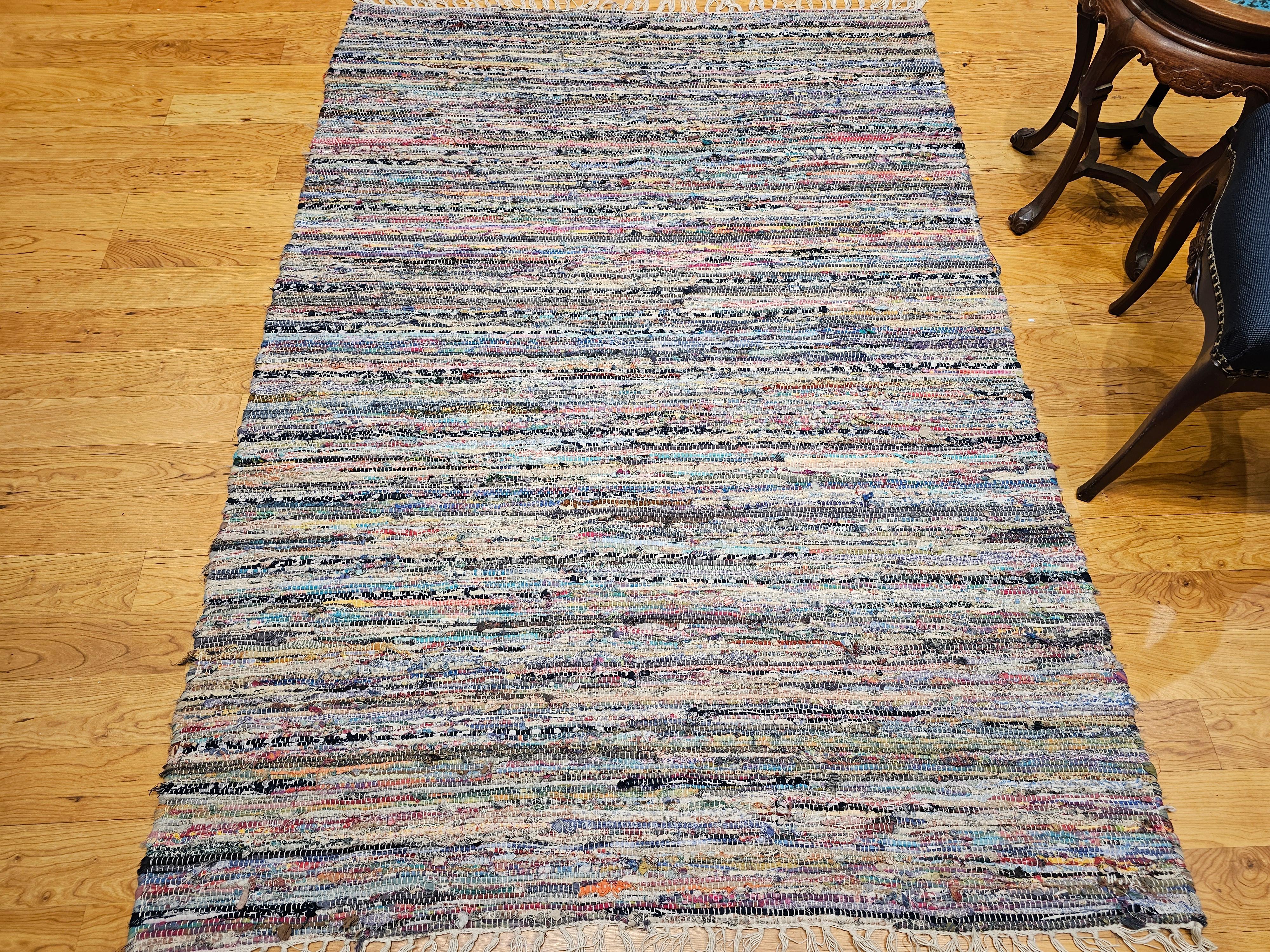 Vintage American Rag Rug in Stripe Pattern in Blue, Yellow, Red, Pink, White For Sale 2