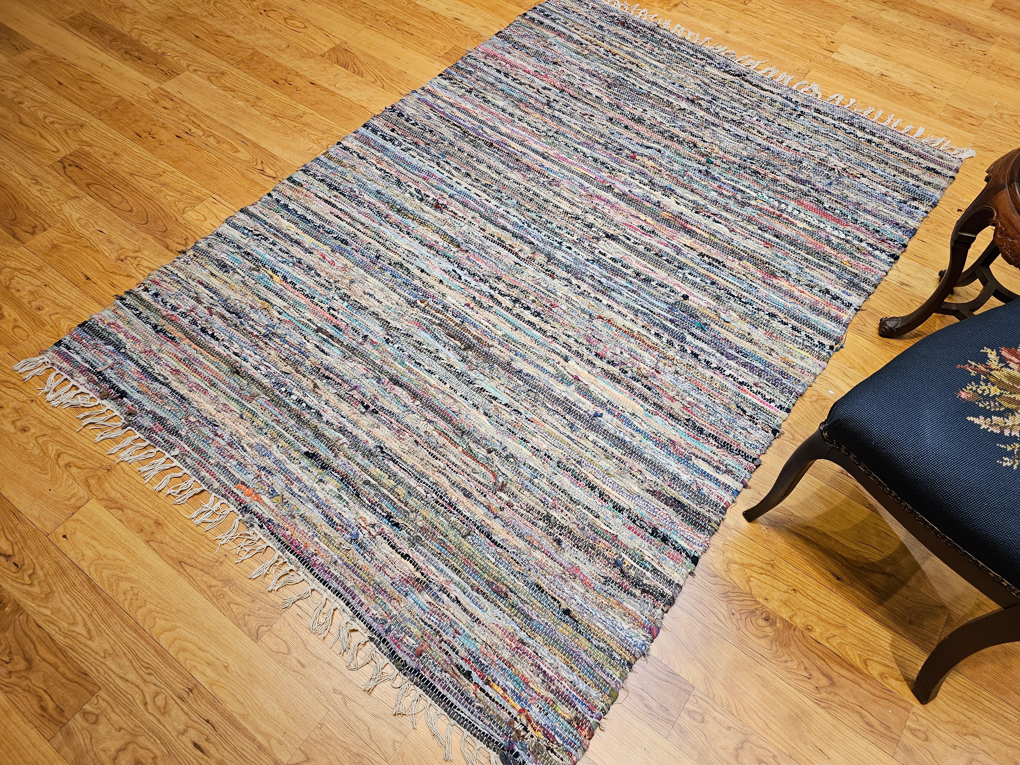 Vintage American Rag Rug in Stripe Pattern in Blue, Yellow, Red, Pink, White 3