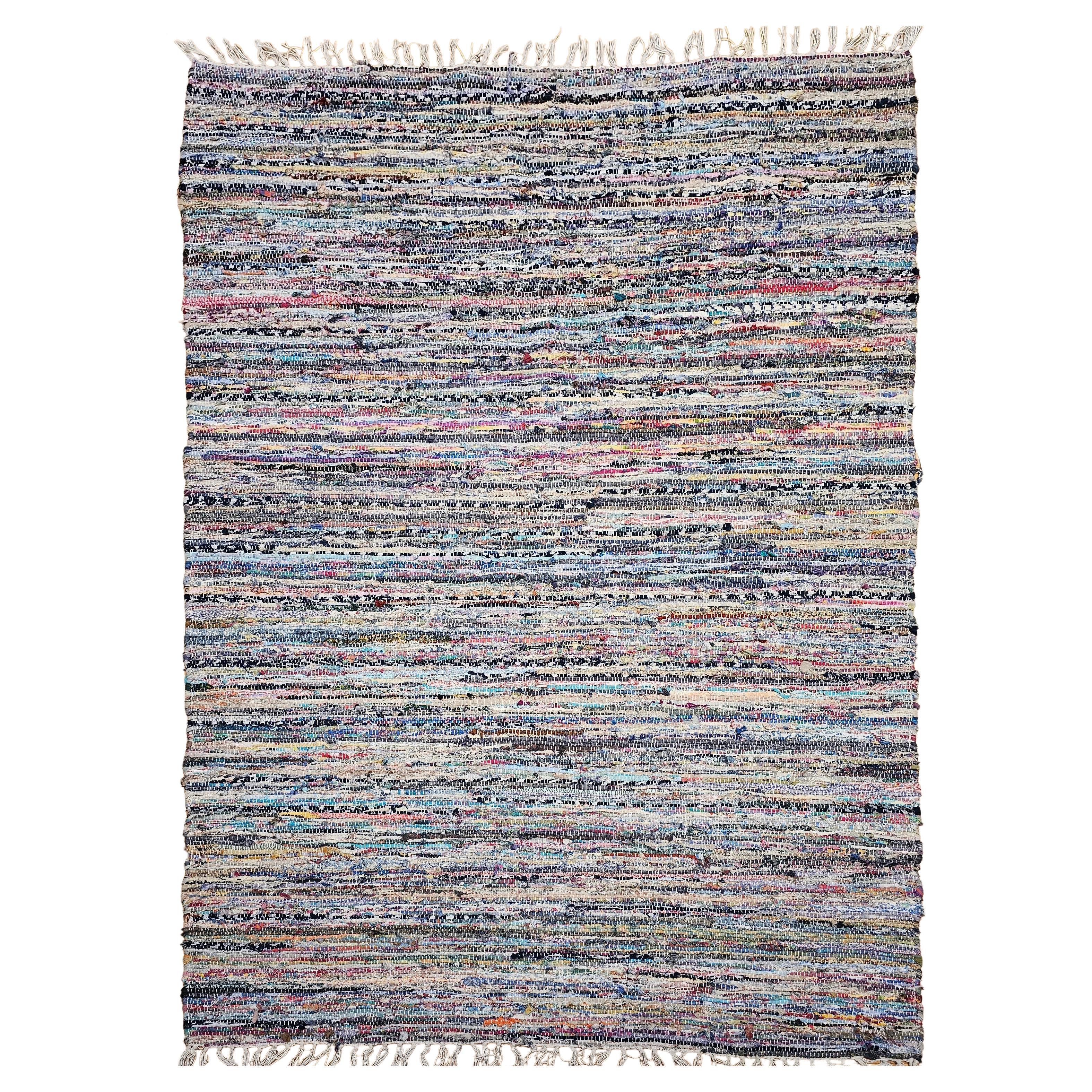 Vintage American Rag Rug in Stripe Pattern in Blue, Yellow, Red, Pink, White For Sale