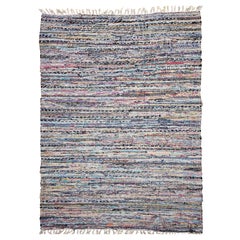 Antique American Rag Rug in Stripe Pattern in Blue, Yellow, Red, Pink, White