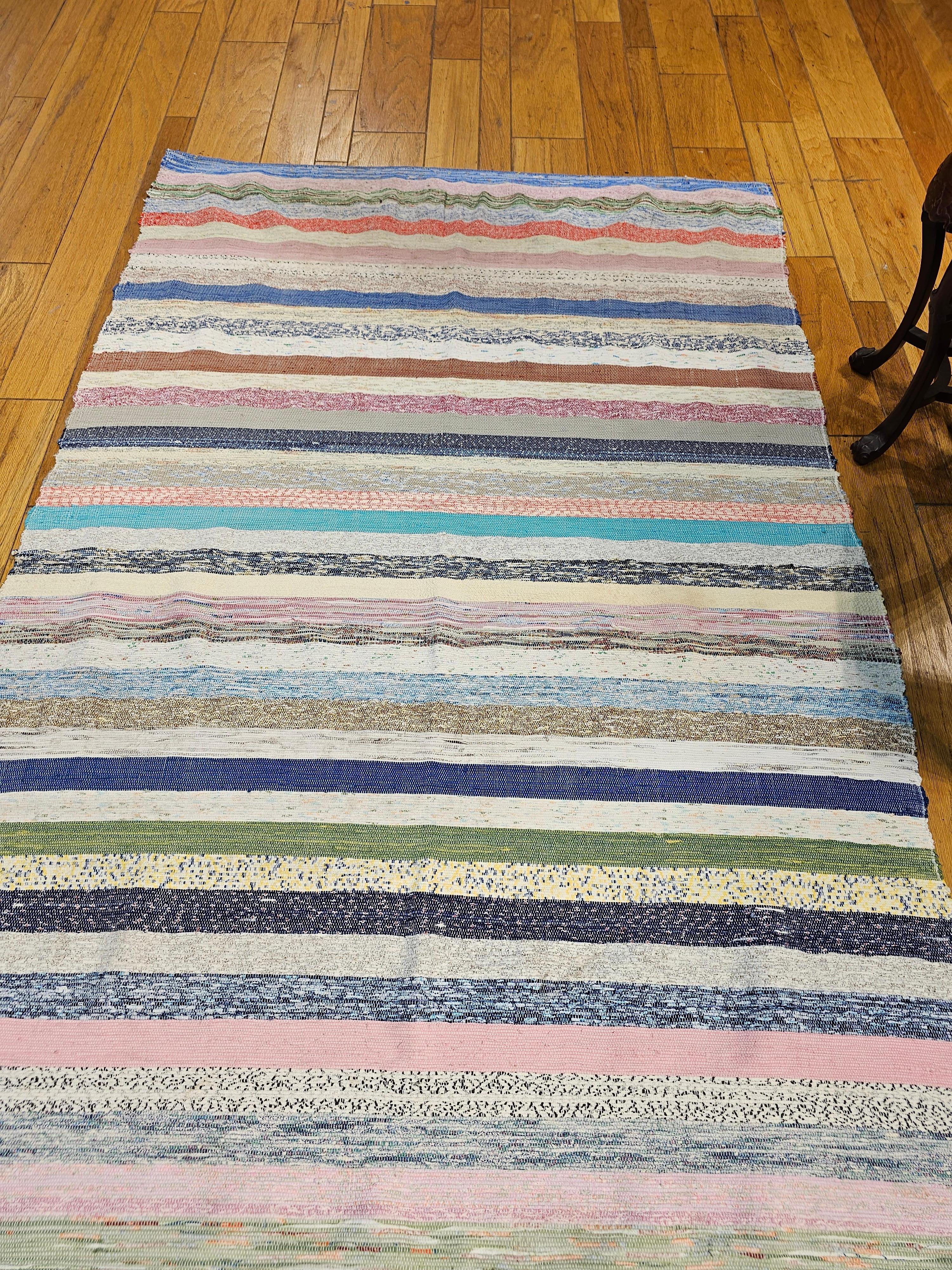  This beautiful multicolor American Rag Area Rug has a very modern design format and can be incorporated into any modern interior design project.  The rug is formed of a series of bands in natural earth tones very similar to Scandinavian kilims from
