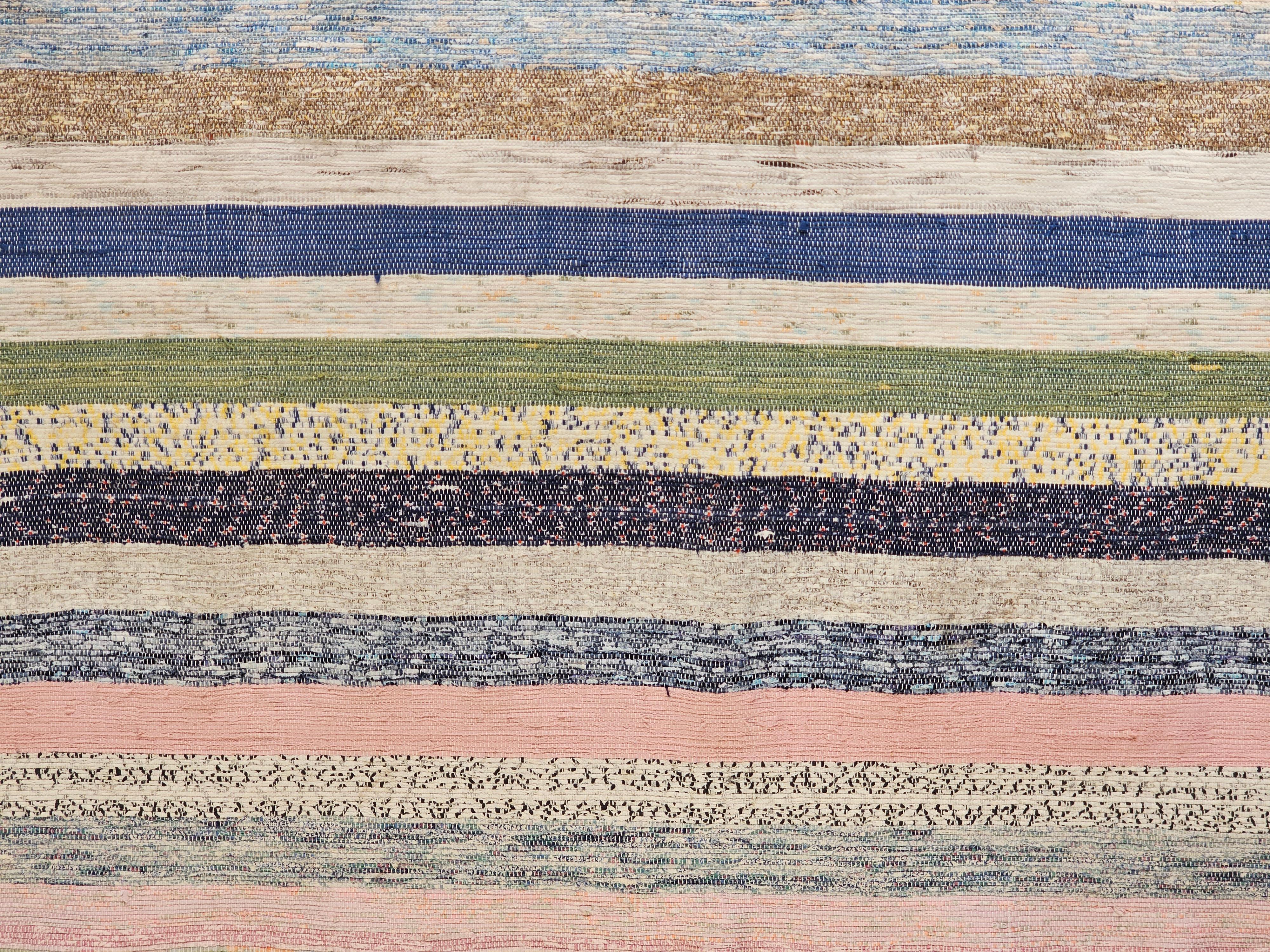 Hand-Woven Vintage American Rag Rug in Stripe Pattern in Ivory, Blue, Pink, Green, Red 