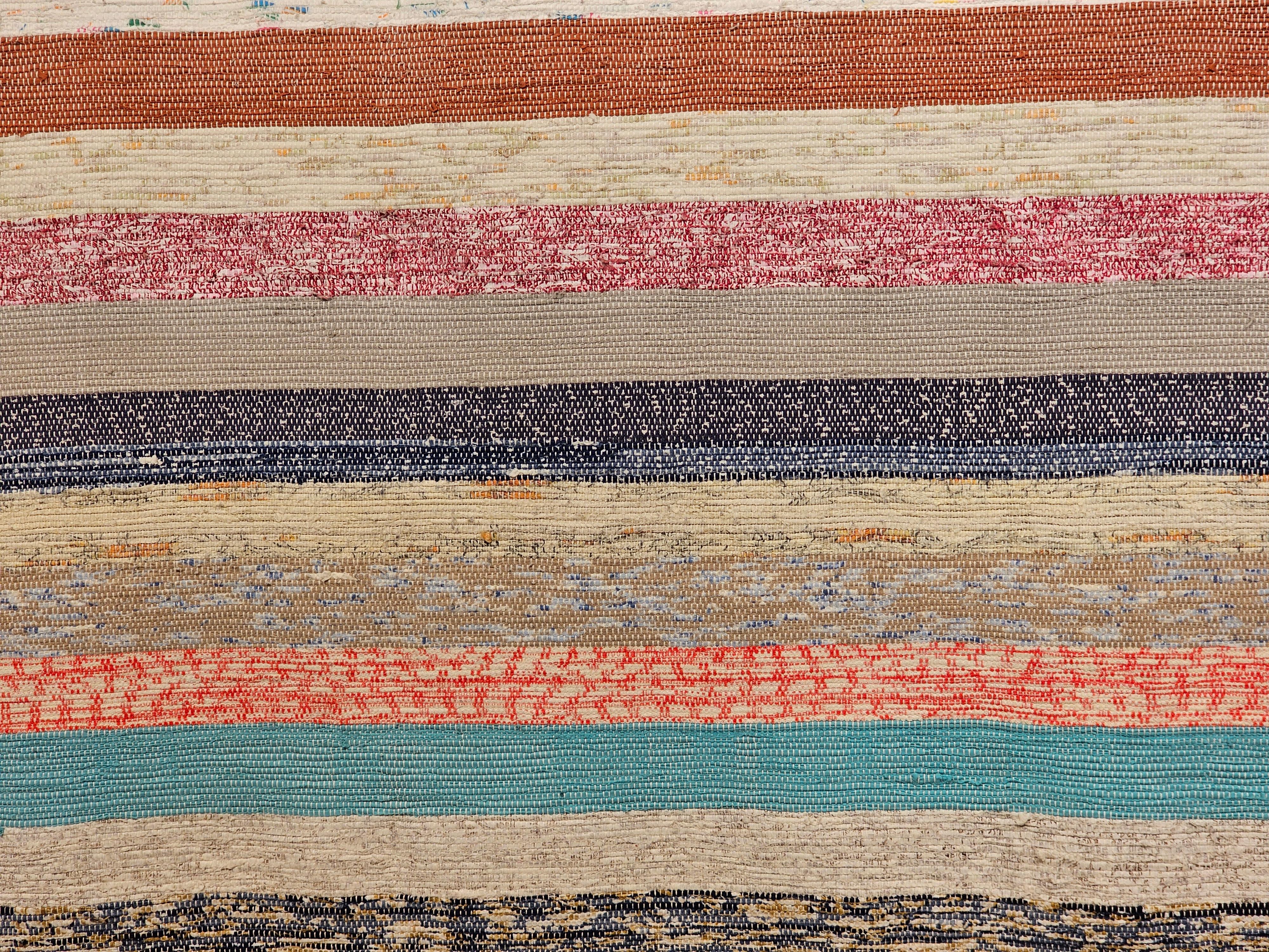 20th Century Vintage American Rag Rug in Stripe Pattern in Ivory, Blue, Pink, Green, Red 