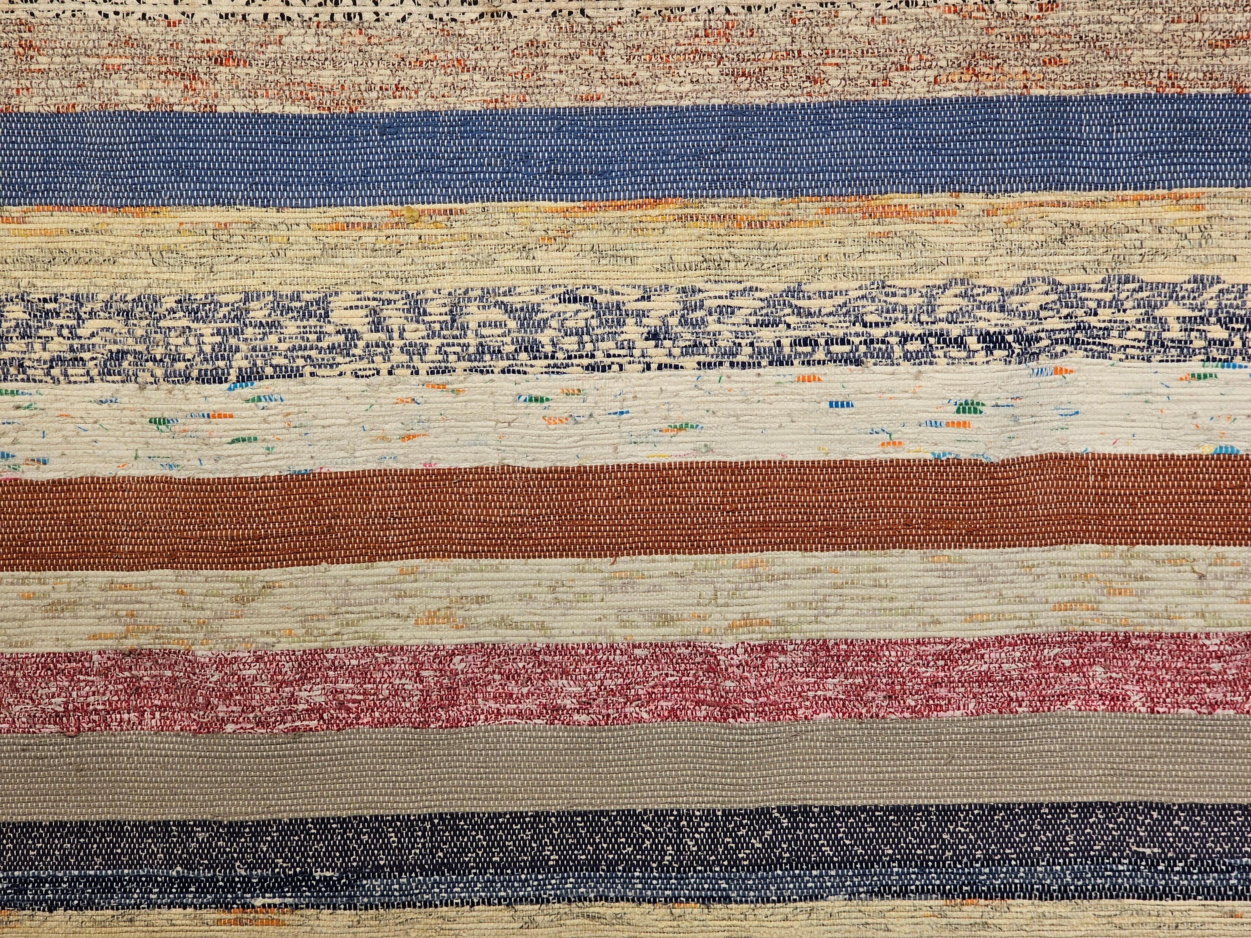 Vintage American Rag Rug in Stripe Pattern in Ivory, Blue, Pink, Green, Red  For Sale 1