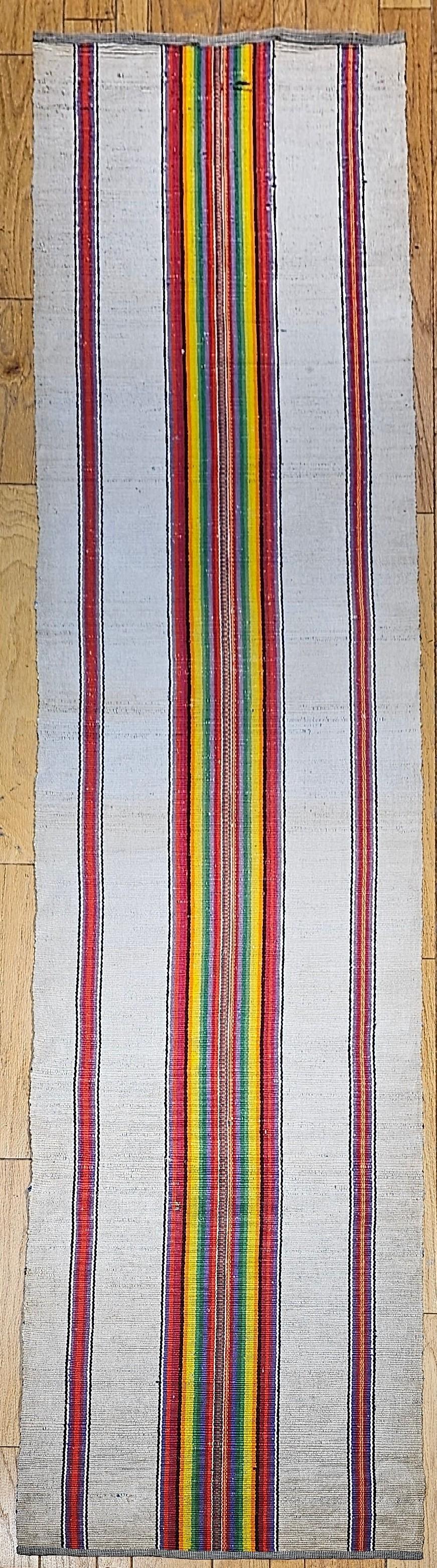 Vintage American rag runner from the early 1900s in a wonderful modern design pattern and a rainbow of brilliant colors.  The design of this early 20th century runner consists of a central wide band  having two narrow bands on each side of it set on