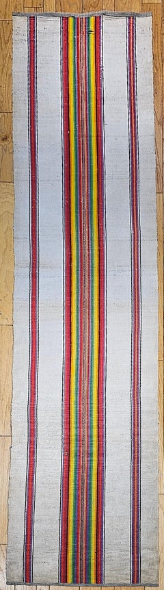 Vintage American Rag Runner, Handwoven Wool & Cotton, Stripe Pattern, 3' x 14'
