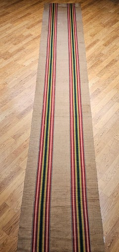 Vintage American Rag Runner, Handwoven Wool & Cotton, Stripe Pattern, 3' x 18'