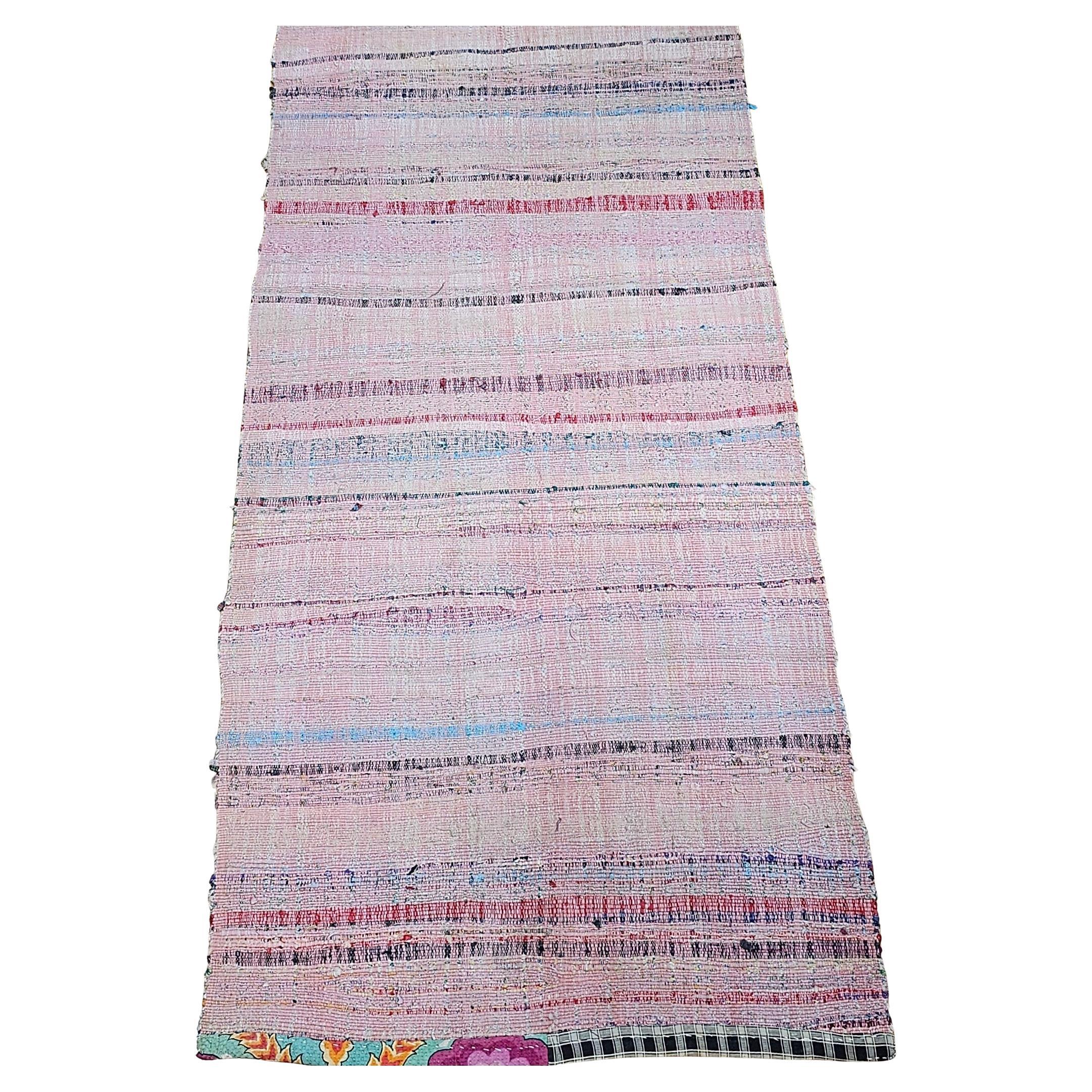 Vintage American Rag Runner with Stripe Pattern in Red, Pink, Cream, Blue, Black For Sale