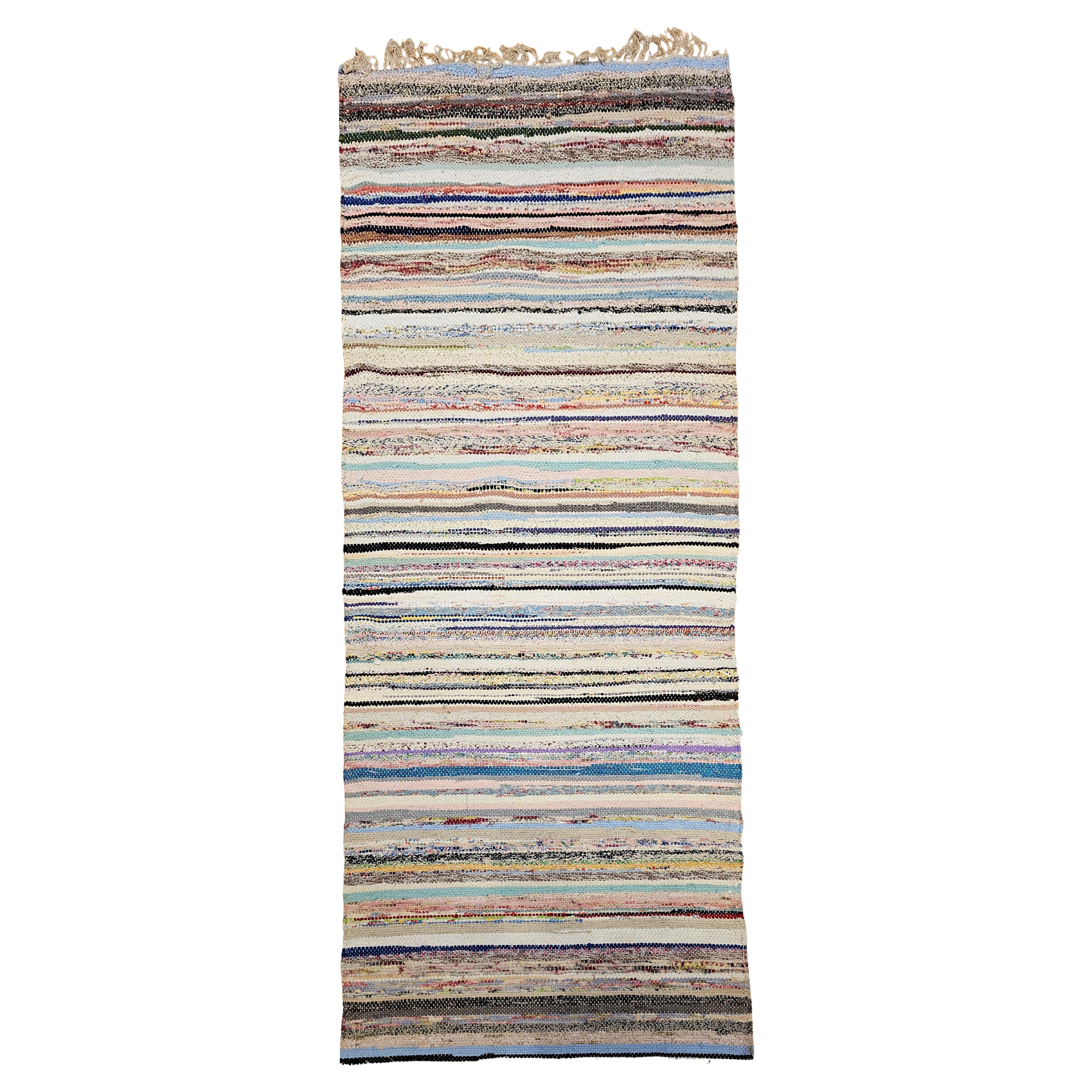 Vintage American Rag Runner, Handwoven Multicolor Narrow Stripe Pattern, 3’ x 8’
