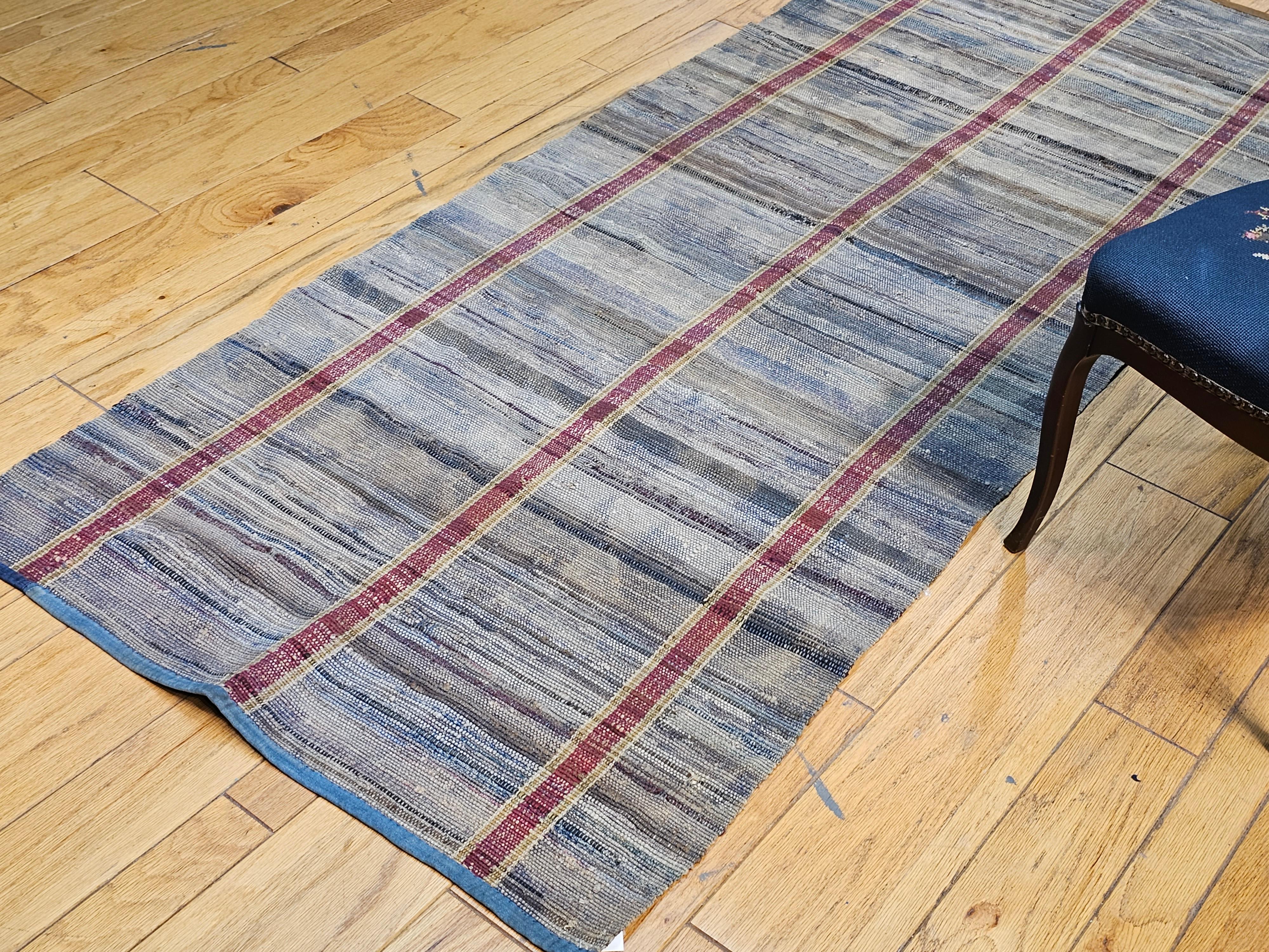 Hand-Woven Vintage American Rag Runner in Pale Blue with Stripe Pattern in Purple, Green For Sale