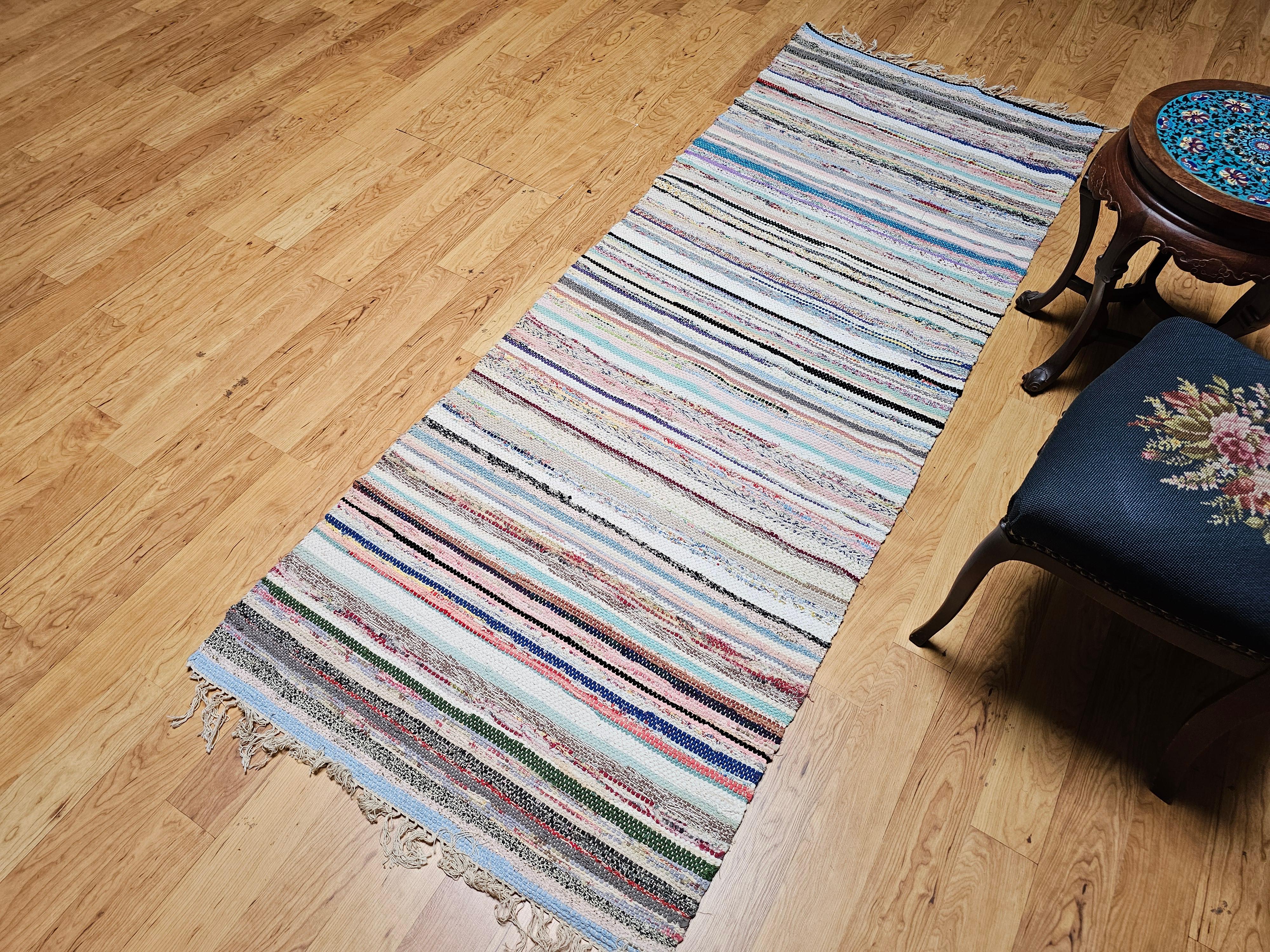 Vintage American Rag Runner in Stripe Pattern in Blue, Green, Ivory, Red For Sale 4