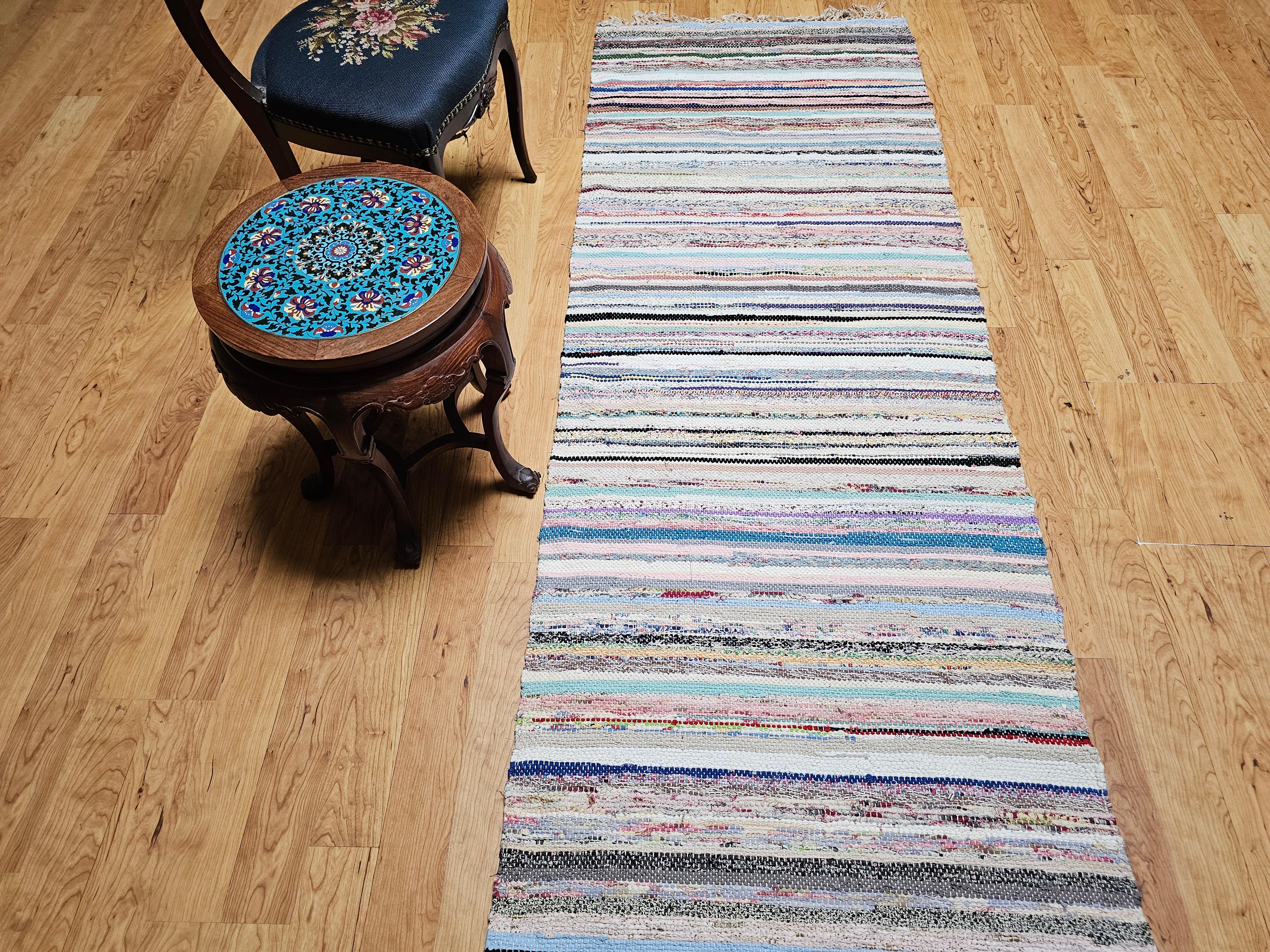 Vintage American Rag Runner in Stripe Pattern in Blue, Green, Ivory, Red For Sale 6