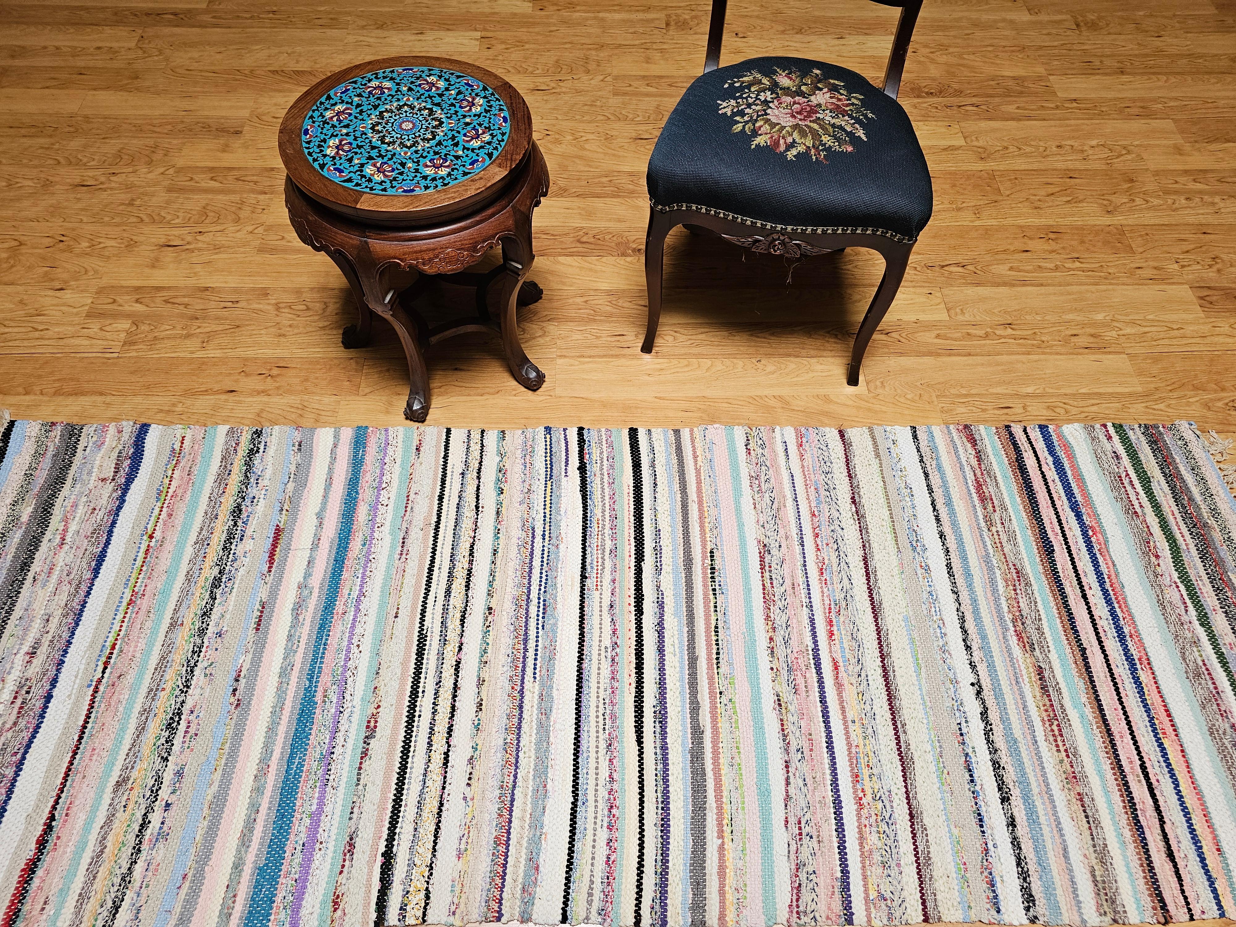 Vintage American Rag Runner in Stripe Pattern in Blue, Green, Ivory, Red For Sale 8