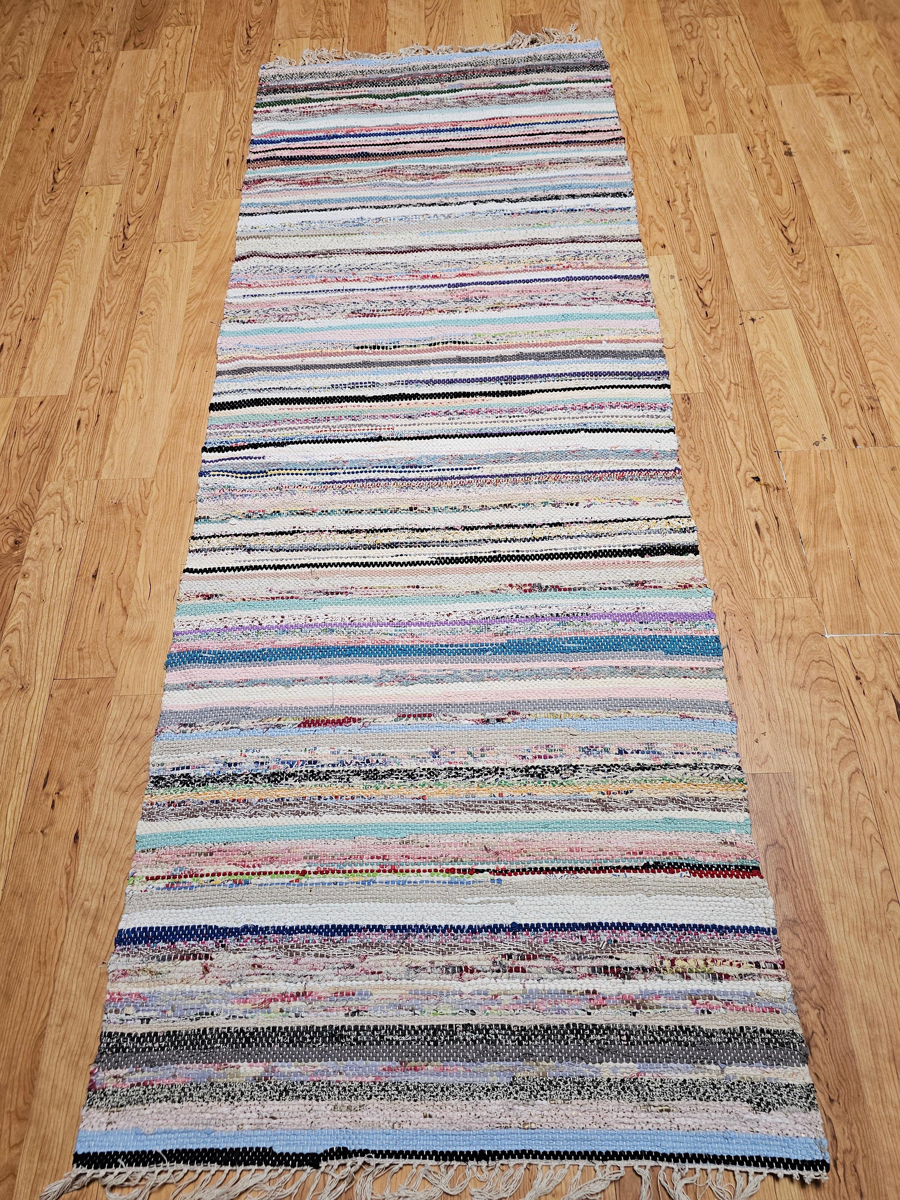 Vintage American Rag Runner in Stripe Pattern in Blue, Green, Ivory, Red For Sale 9