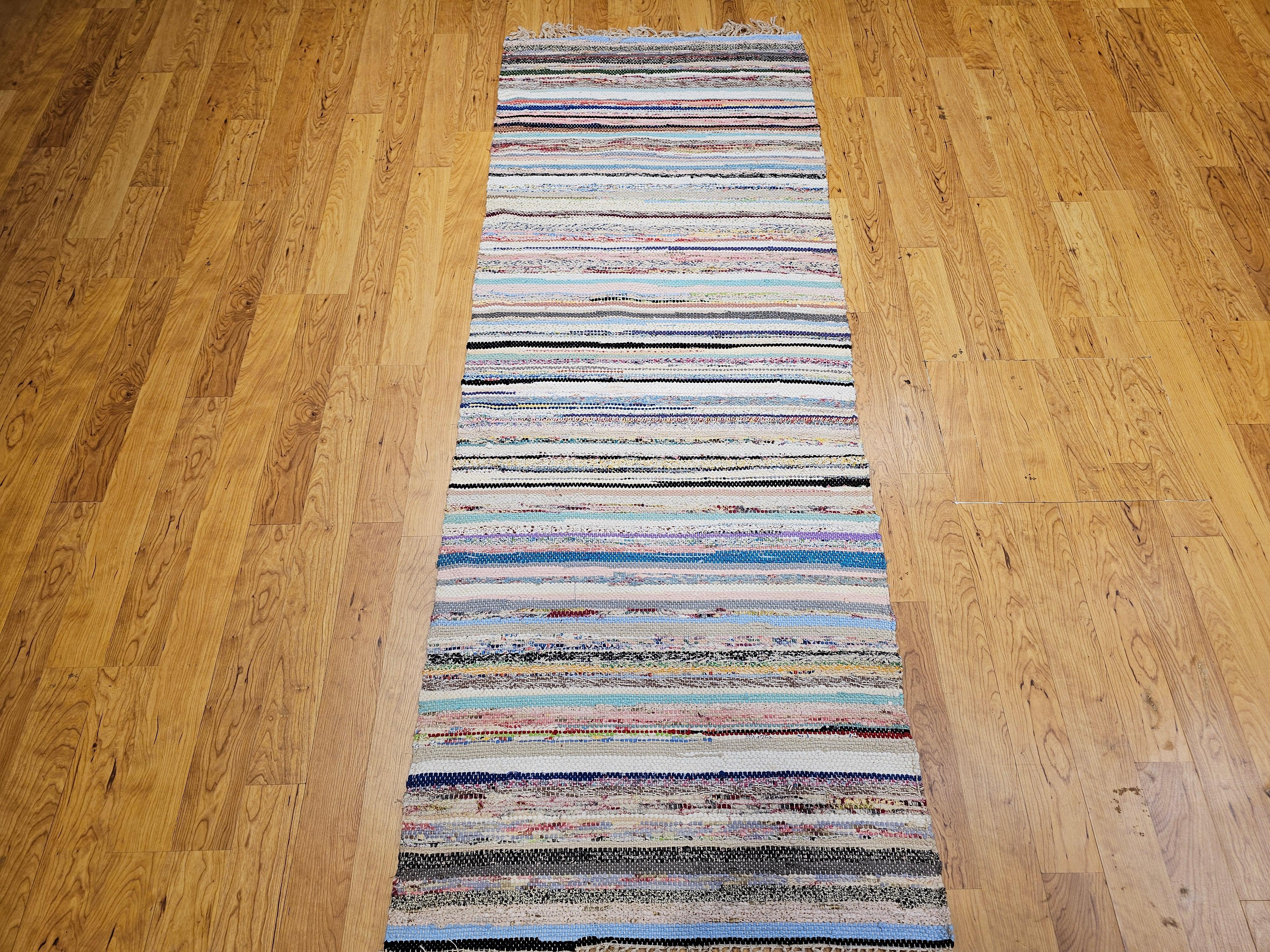 Hand-Woven Vintage American Rag Runner in Stripe Pattern in Blue, Green, Ivory, Red For Sale