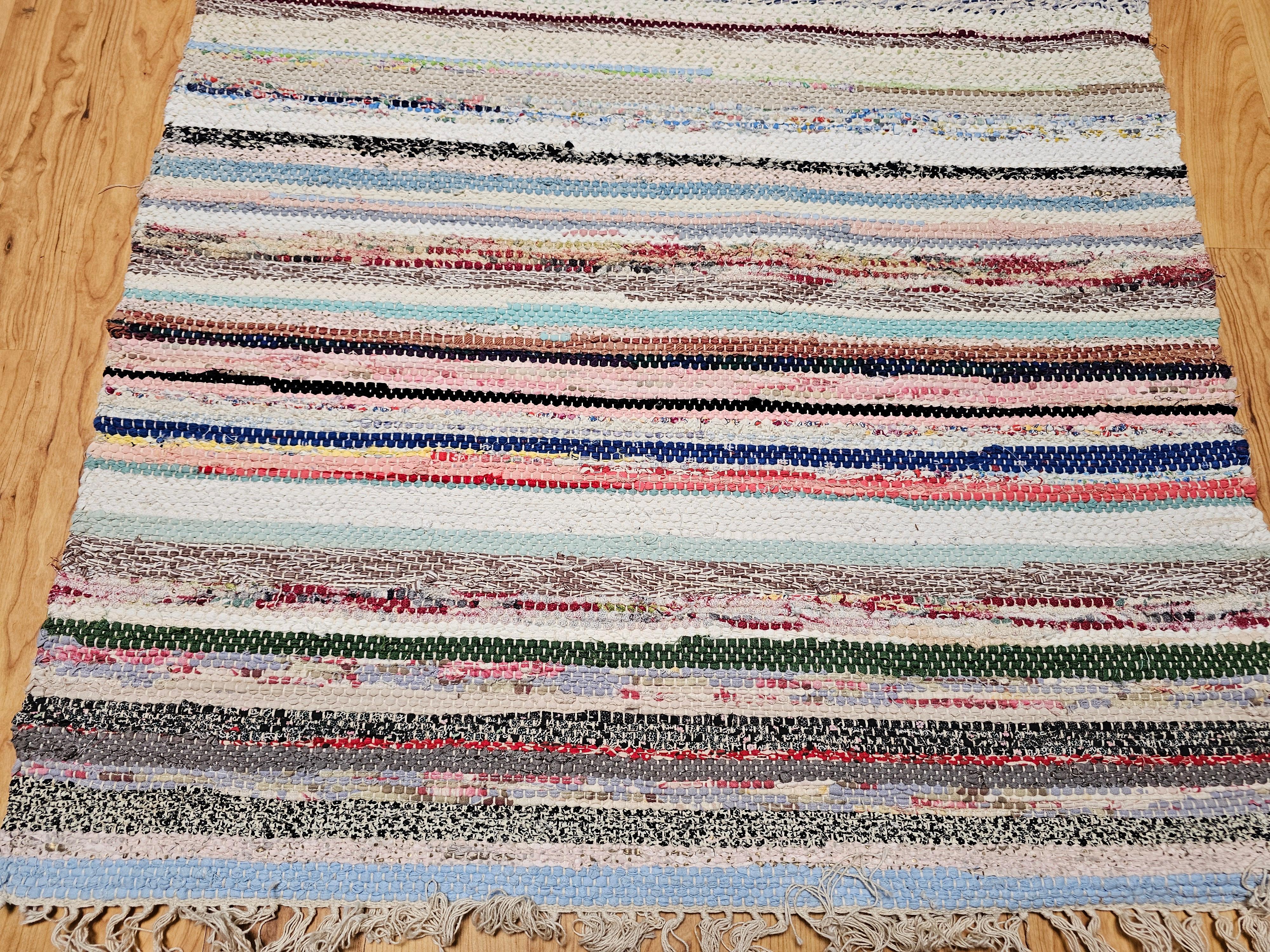Vintage American Rag Runner in Stripe Pattern in Blue, Green, Ivory, Red In Good Condition For Sale In Barrington, IL