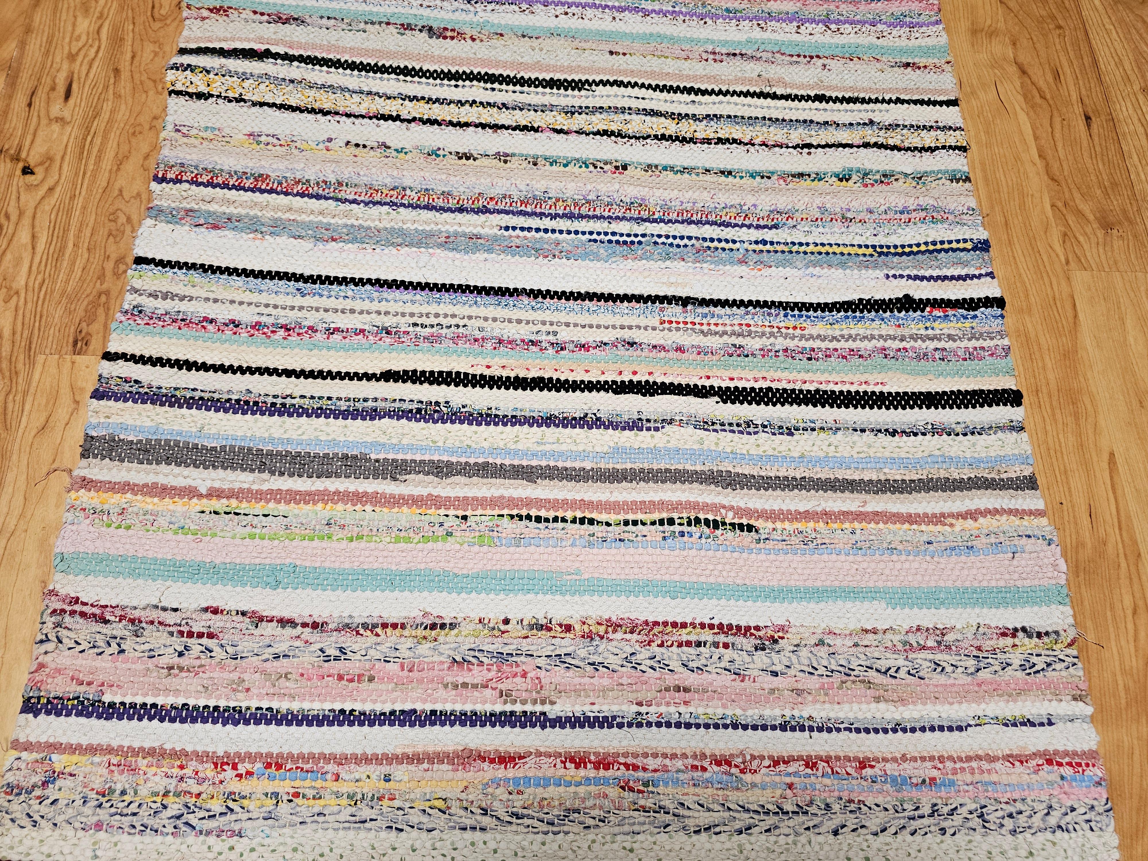 20th Century Vintage American Rag Runner in Stripe Pattern in Blue, Green, Ivory, Red For Sale