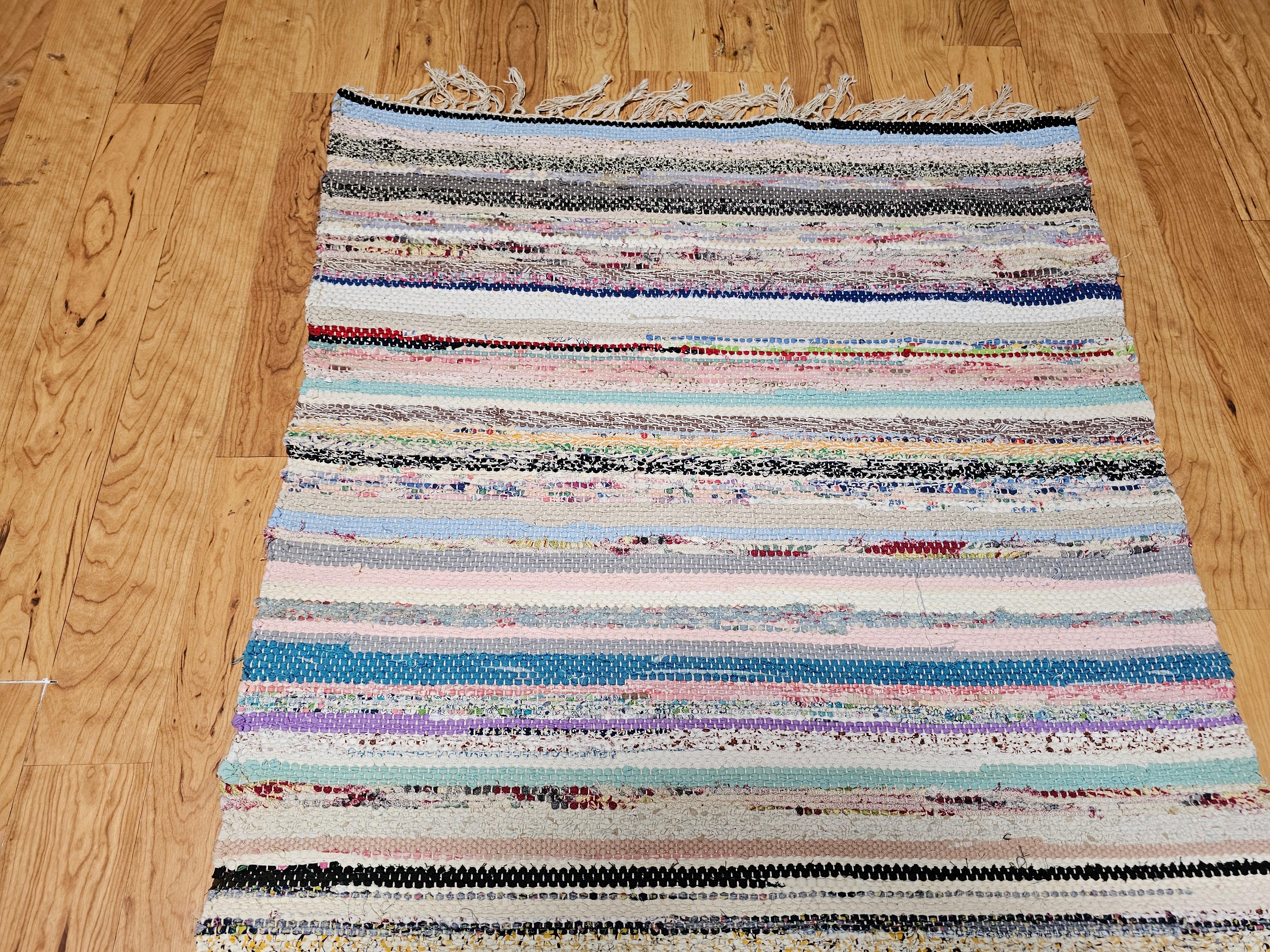Wool Vintage American Rag Runner in Stripe Pattern in Blue, Green, Ivory, Red For Sale