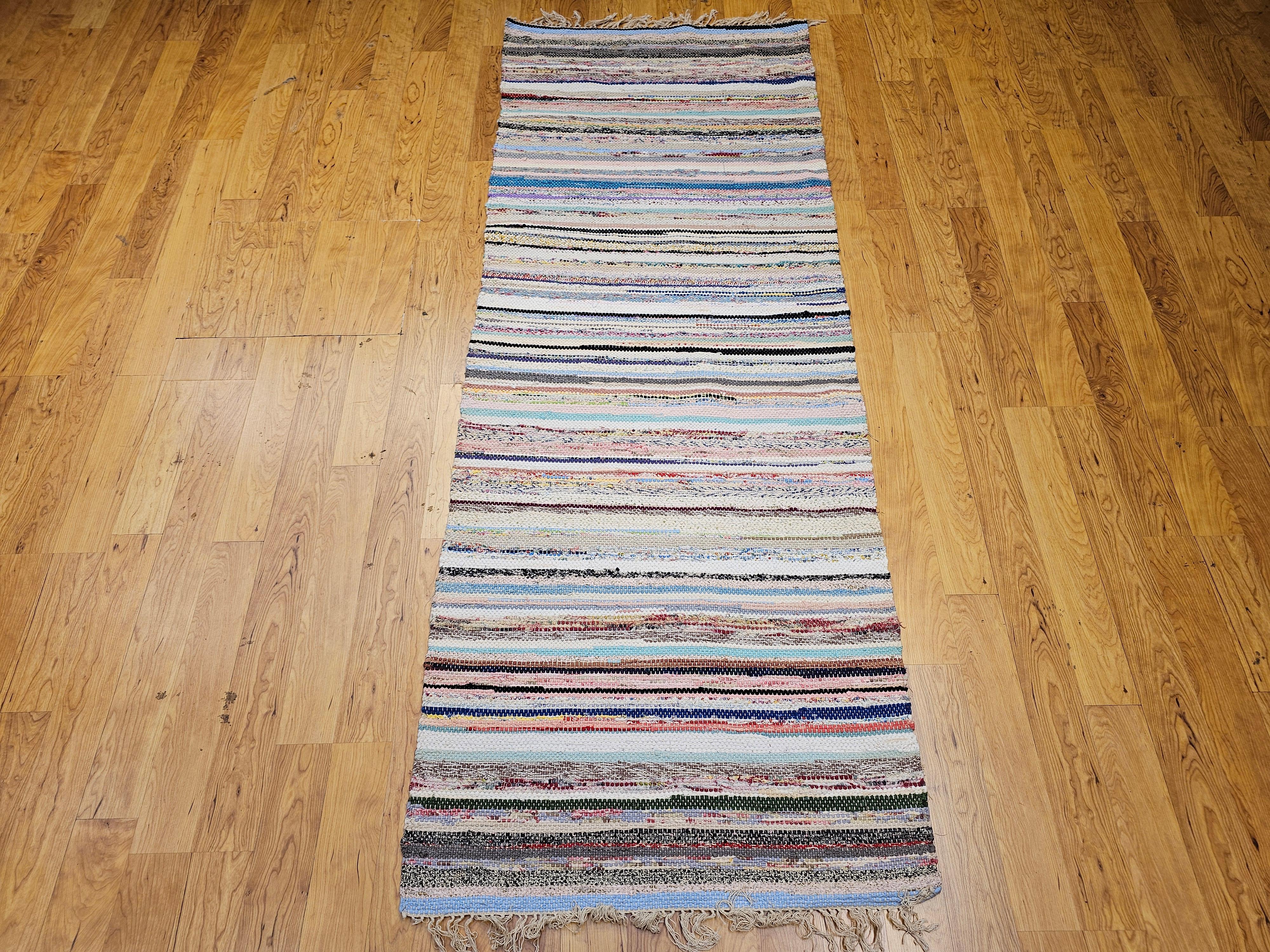 Vintage American Rag Runner in Stripe Pattern in Blue, Green, Ivory, Red For Sale 1