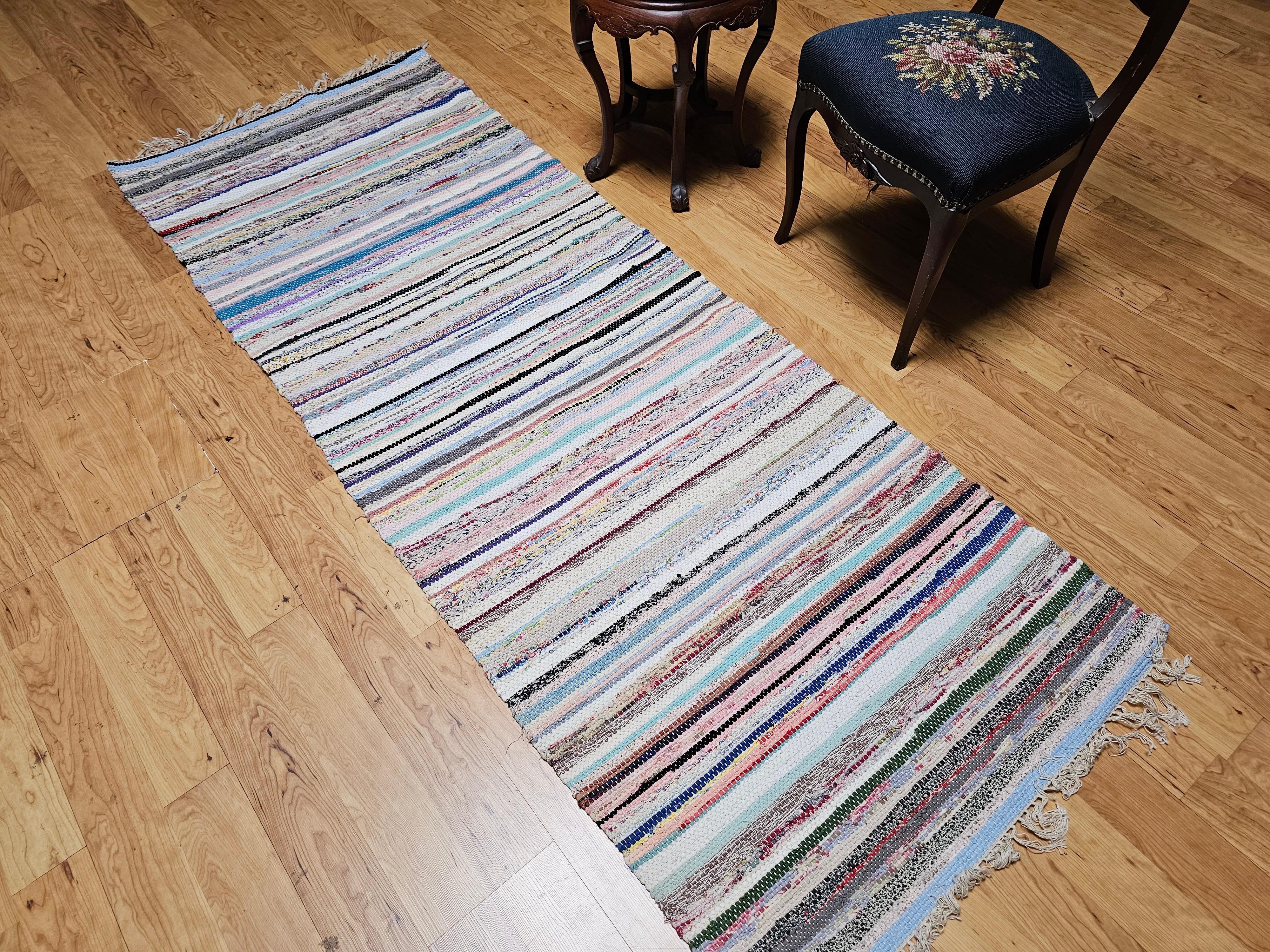 Vintage American Rag Runner in Stripe Pattern in Blue, Green, Ivory, Red For Sale 2