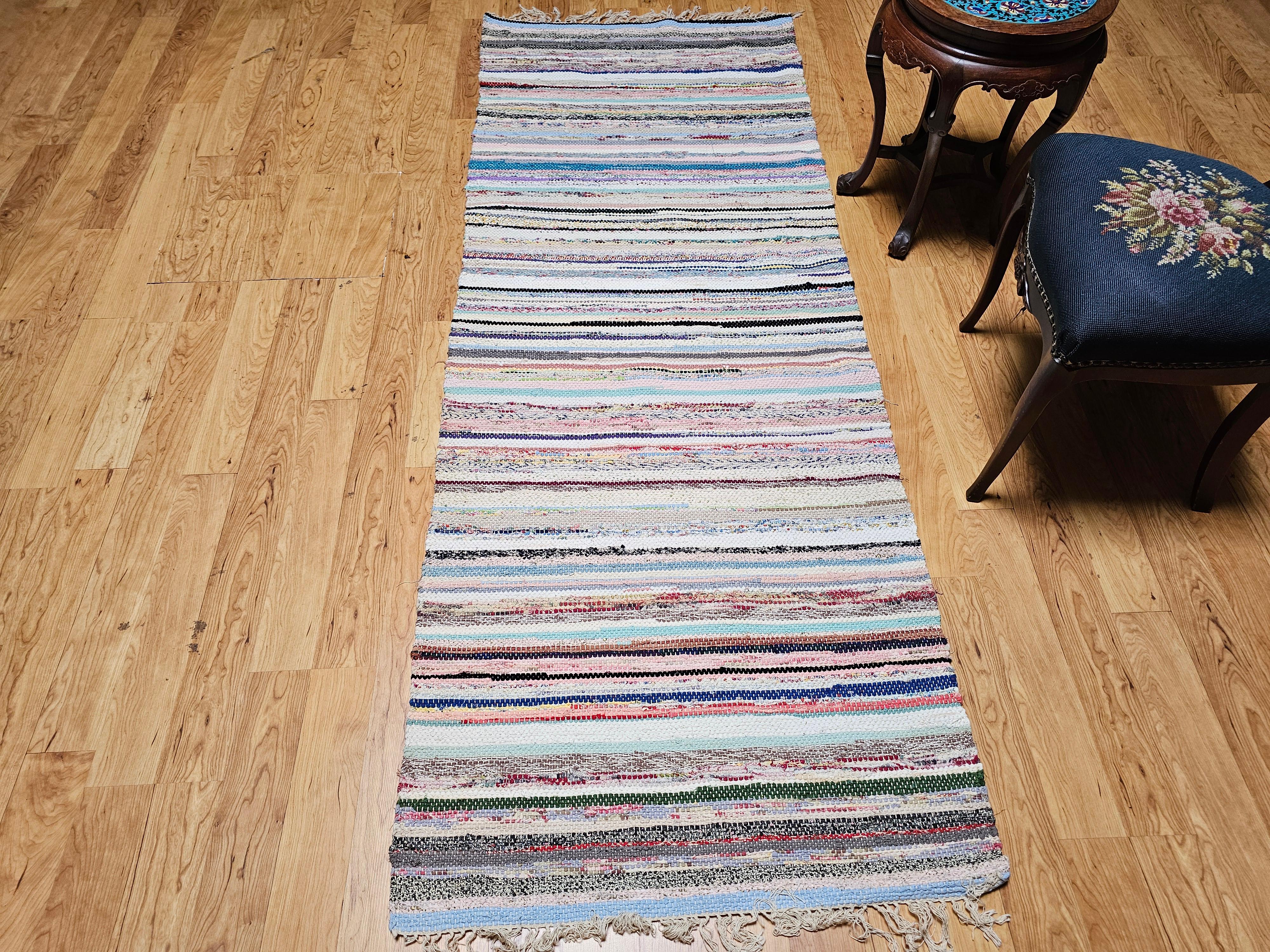 Vintage American Rag Runner in Stripe Pattern in Blue, Green, Ivory, Red For Sale 3