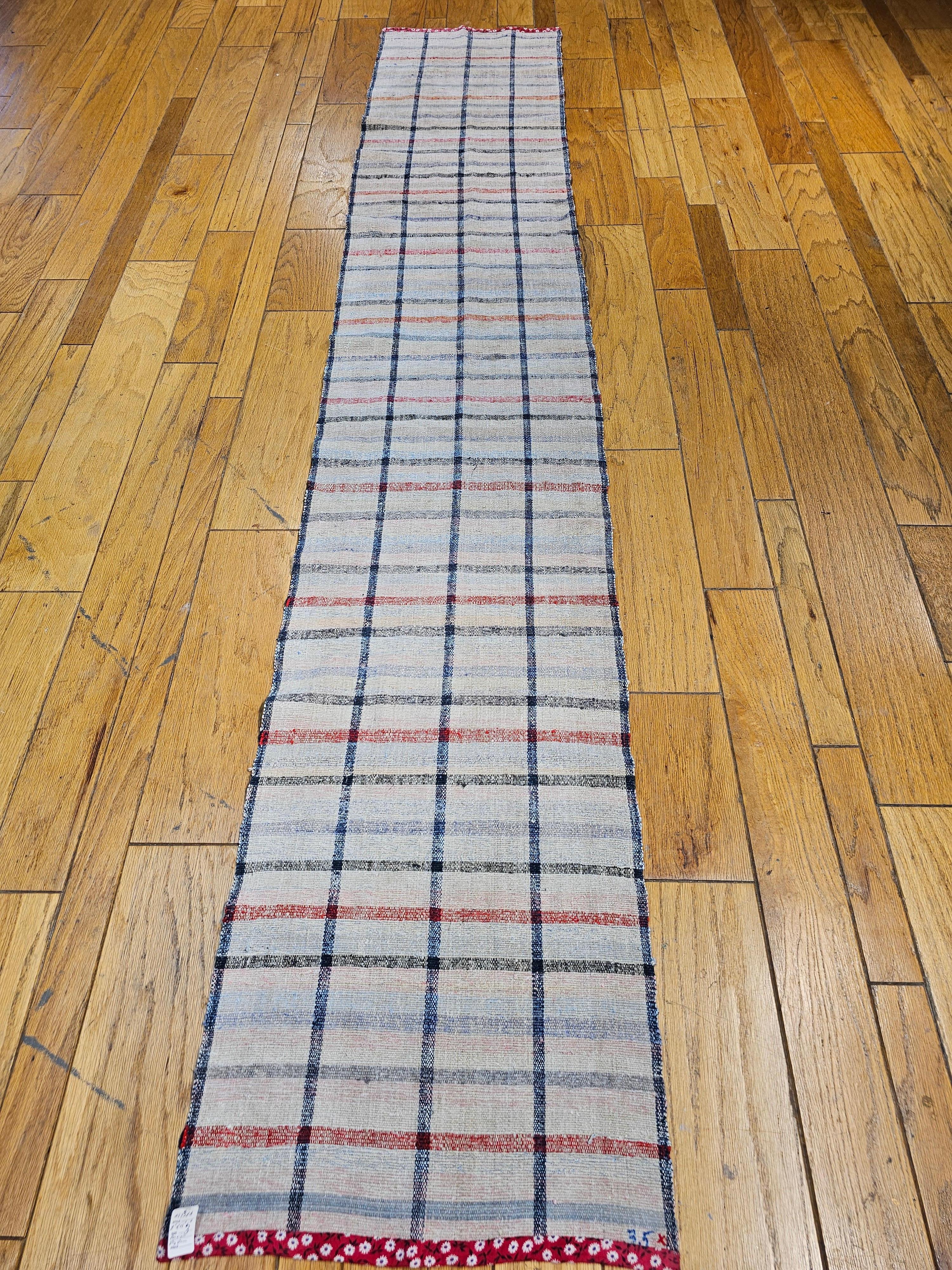 The vintage American Rag Runner has a cream color with primary stripes in indigo blue and red and secondary stripes in pale green and pink colors.  The rag runner has an identical pair (SKU 1758A).  They can be bought individually or as a pair.  
