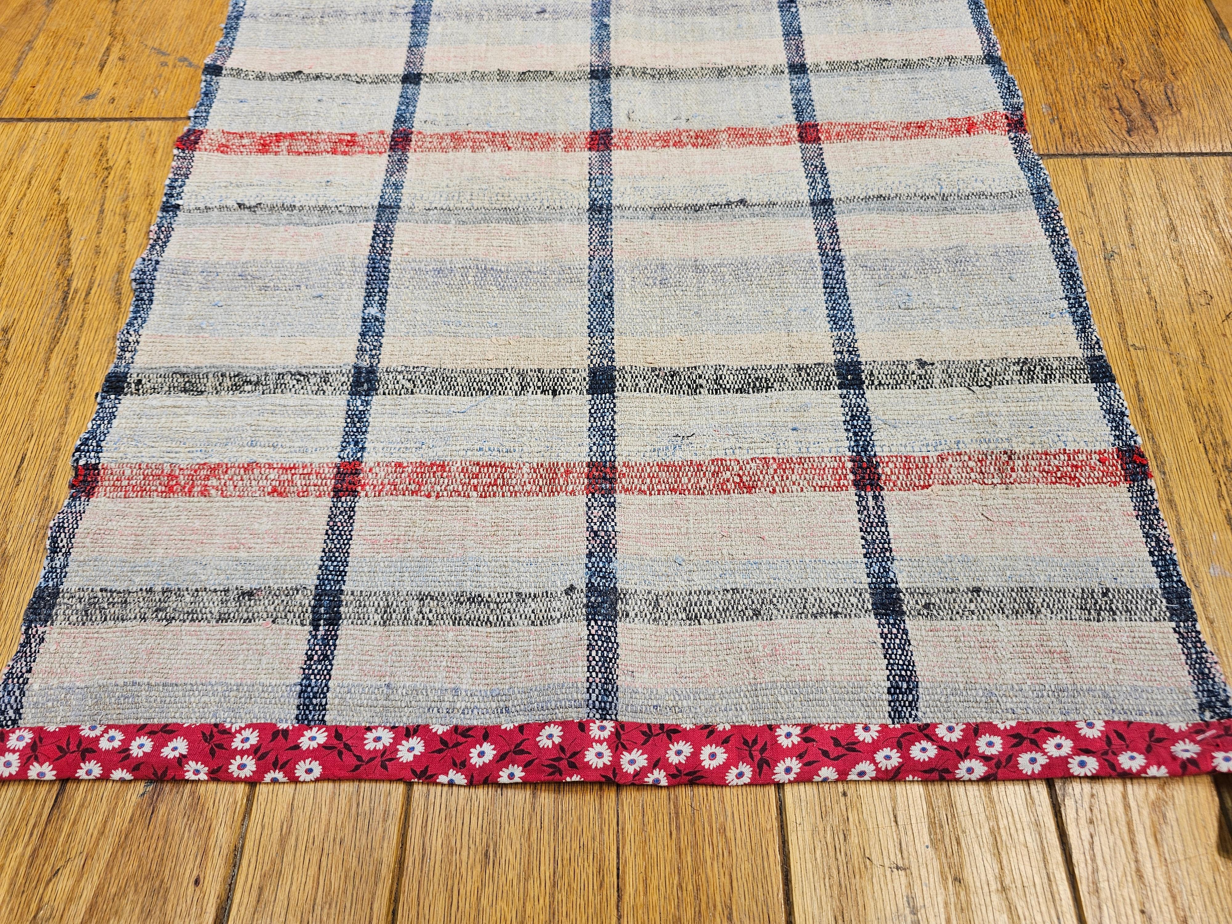 Hand-Woven Vintage American Rag Runner in Stripe Pattern in Cream, Blue,  Red, and Pink For Sale