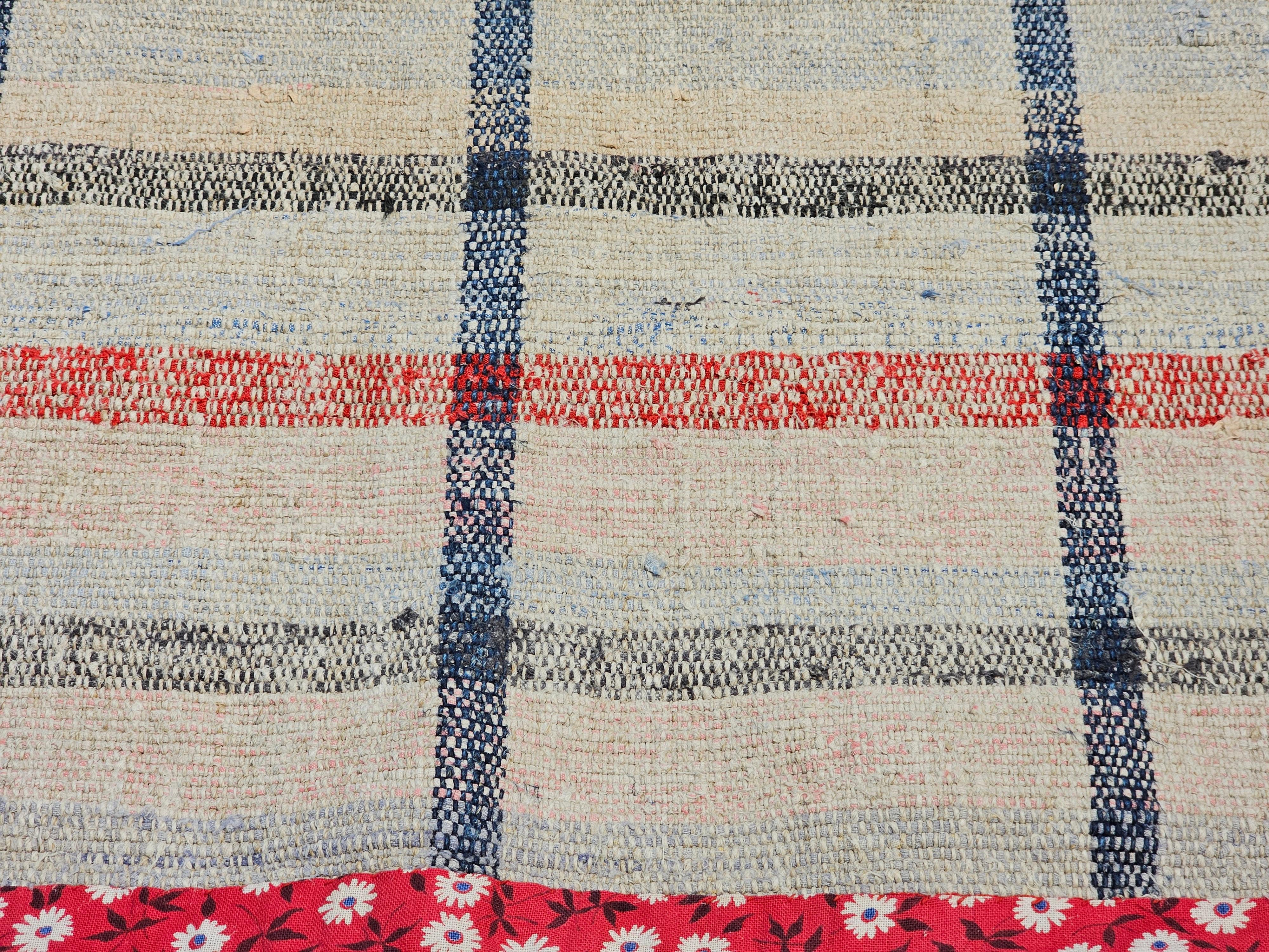 Vintage American Rag Runner in Stripe Pattern in Cream, Blue,  Red, and Pink In Good Condition For Sale In Barrington, IL