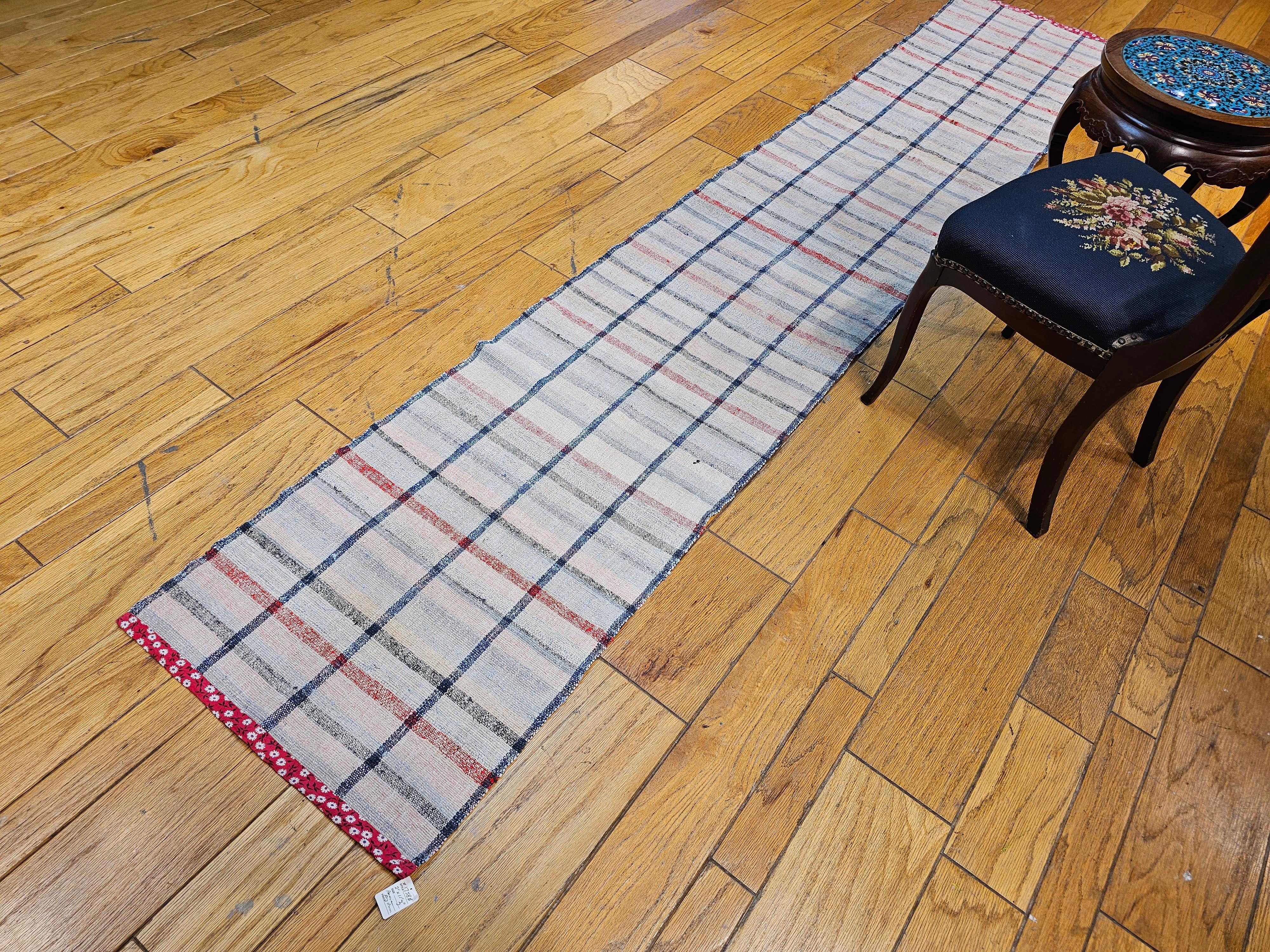 Vintage American Rag Runner in Stripe Pattern in Cream, Blue,  Red, and Pink For Sale 3