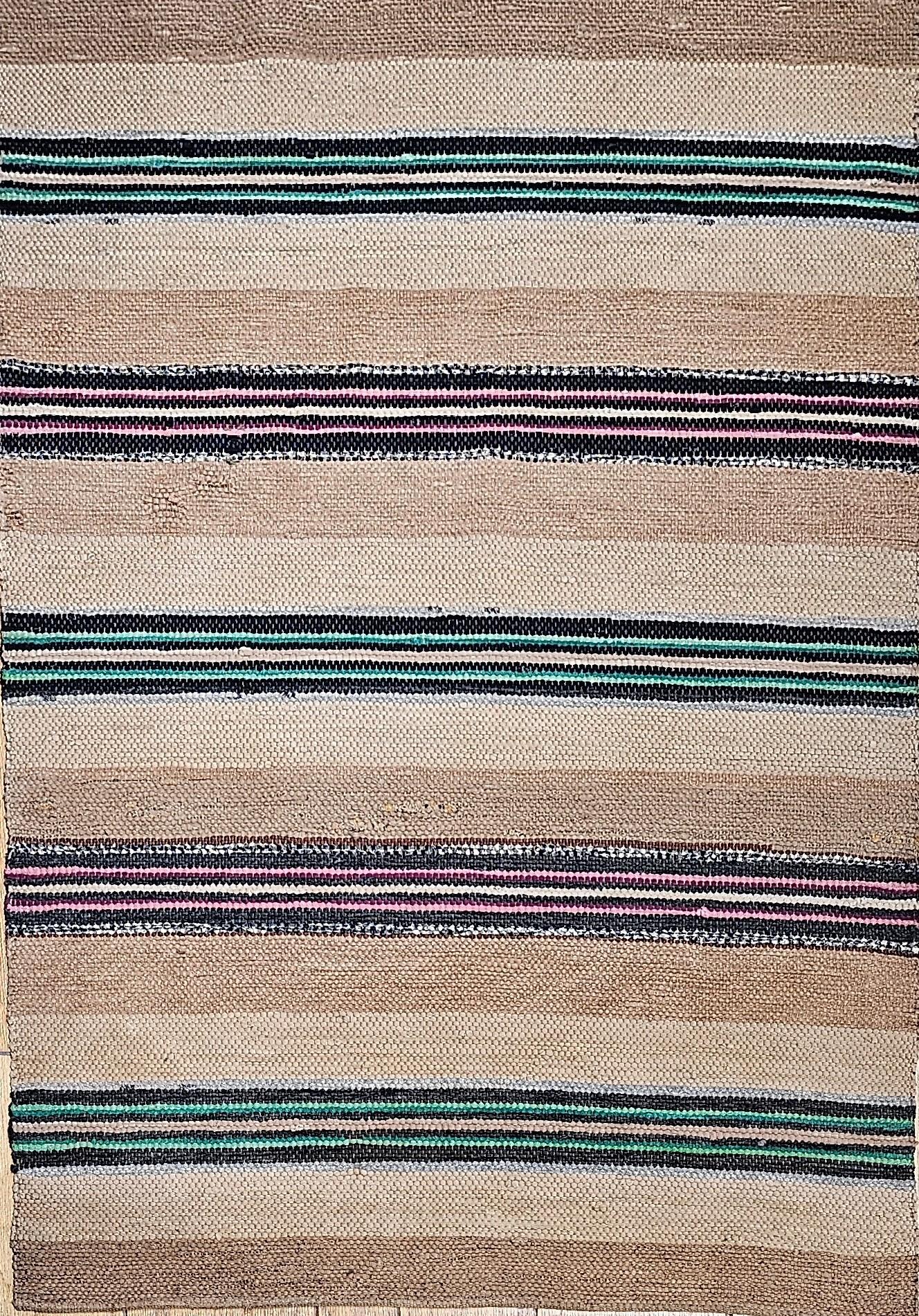 Vintage American Rag Runner in Stripe Pattern in Green, Pink, Tan, Cream For Sale 5