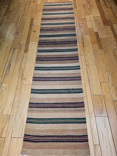 Vintage American Rag Runner, Handwoven Multicolor Stripe Pattern, 3’ x 12’
