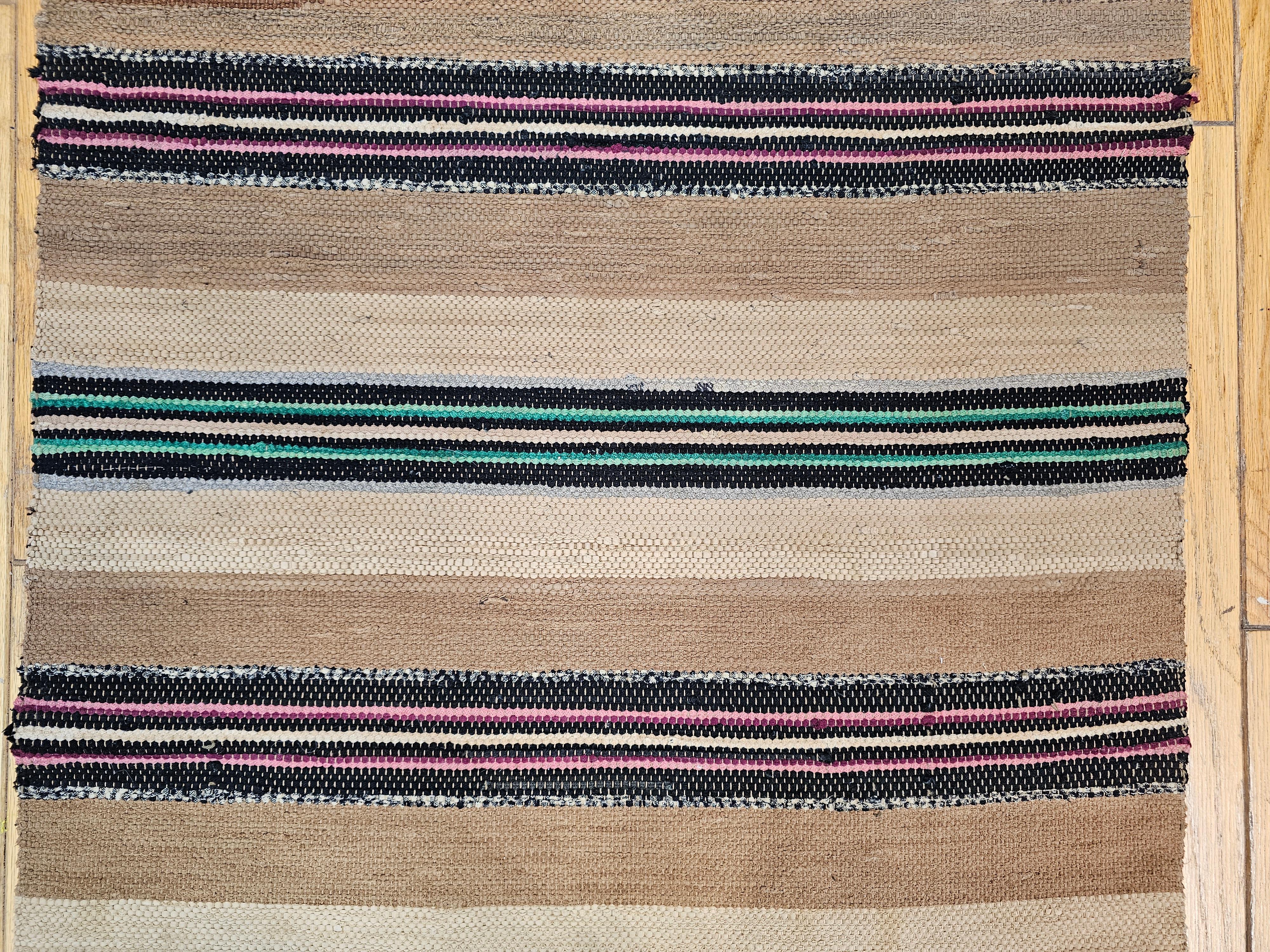 20th Century Vintage American Rag Runner in Stripe Pattern in Green, Pink, Tan, Cream For Sale