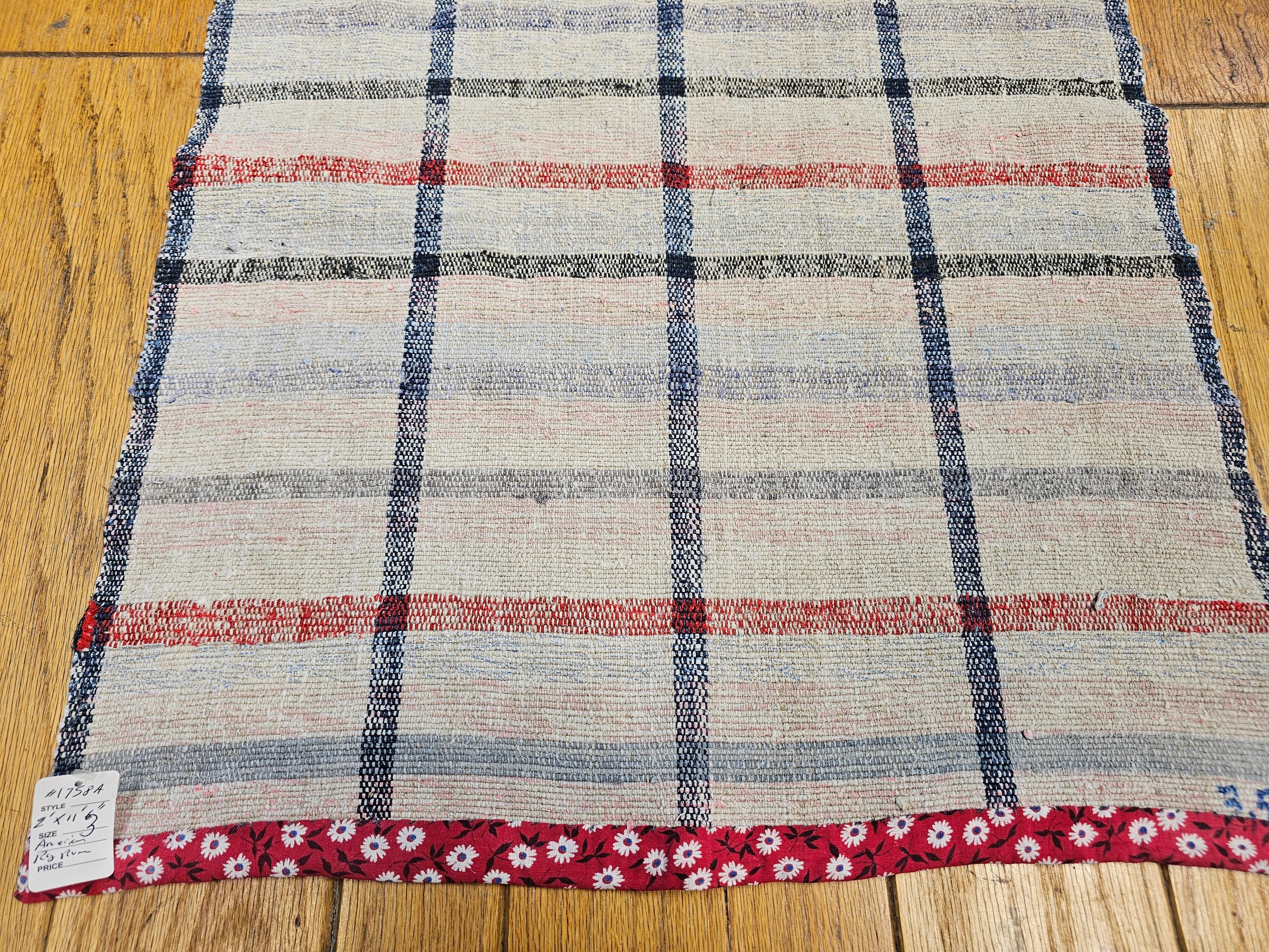 Hand-Crafted Vintage American Rag Runner in Stripe Pattern in Cream, Pale Blue, Red, Pink For Sale