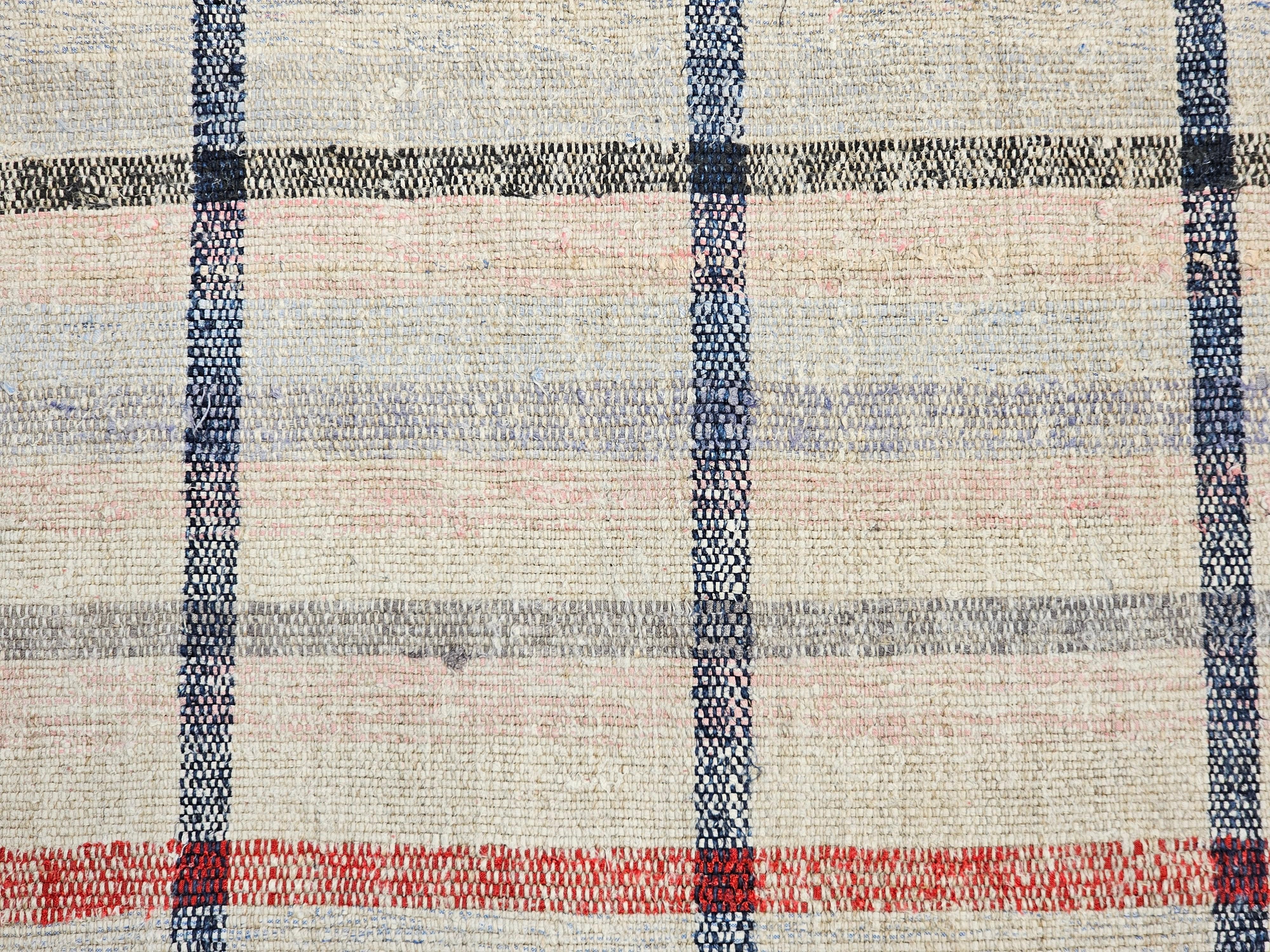 Vintage American Rag Runner in Stripe Pattern in Cream, Pale Blue, Red, Pink In Good Condition For Sale In Barrington, IL