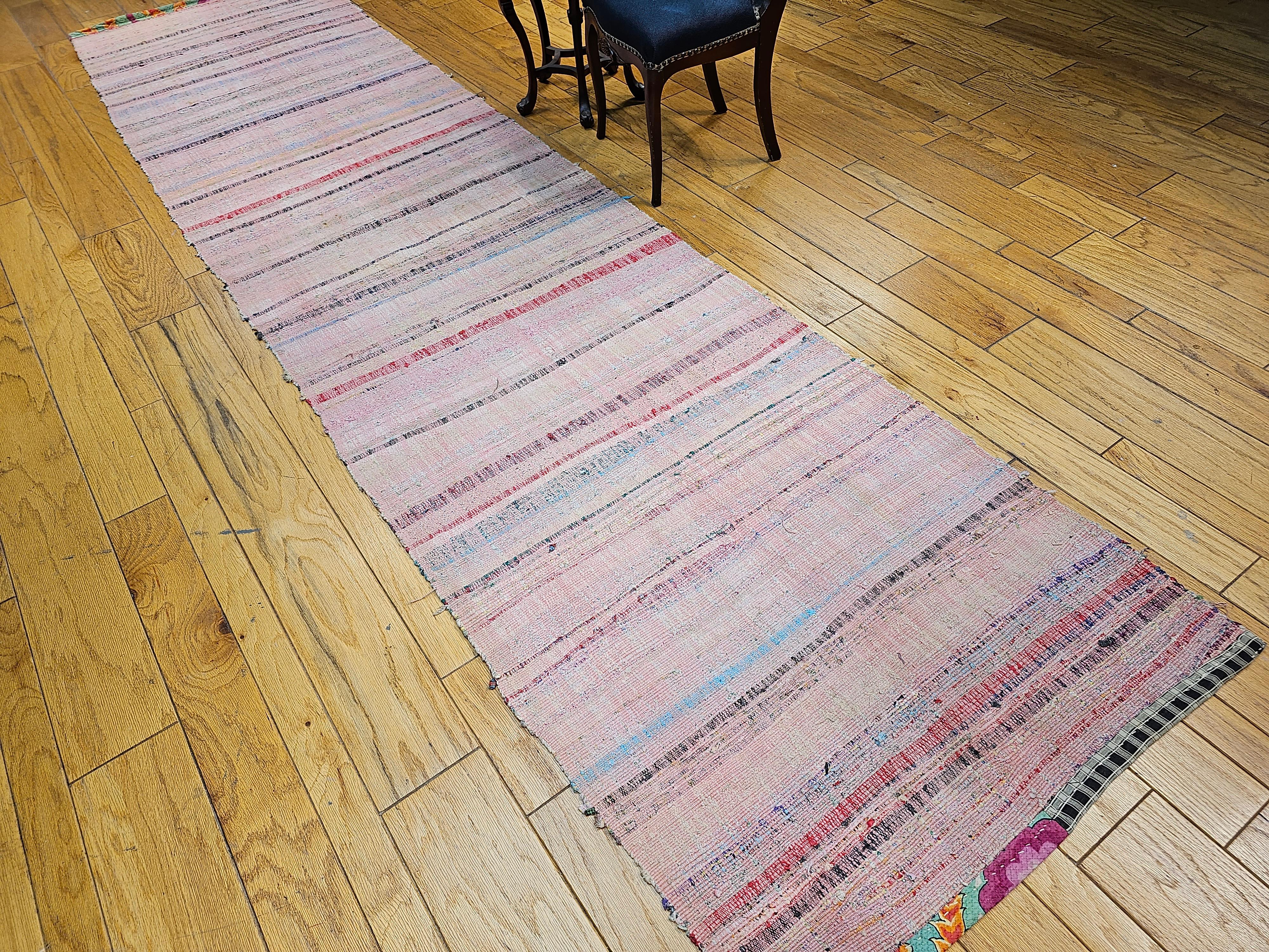 Vintage American Rag Runner with Stripe Pattern in Red, Pink, Cream, Blue, Black For Sale 5