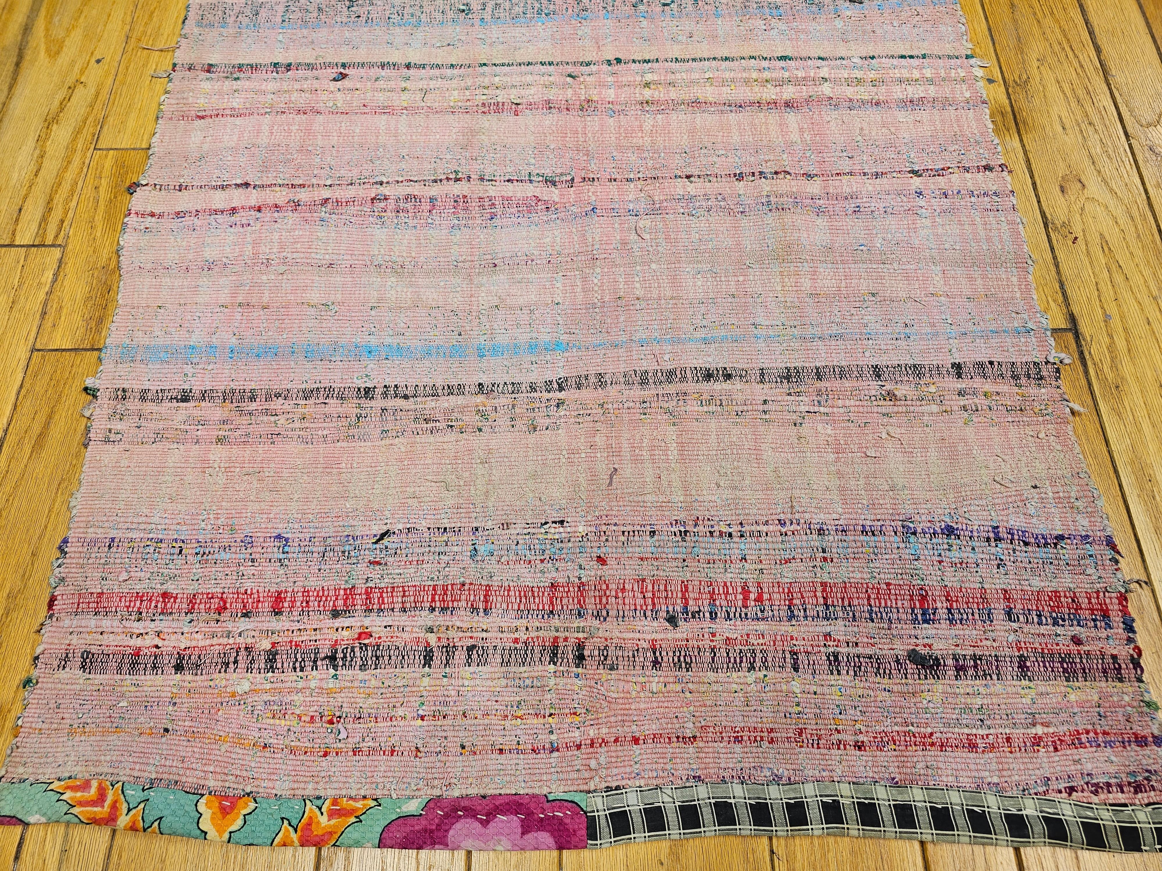 Hand-Knotted Vintage American Rag Runner in Stripe Pattern in Pink, Cream, Blue, Green, Red For Sale