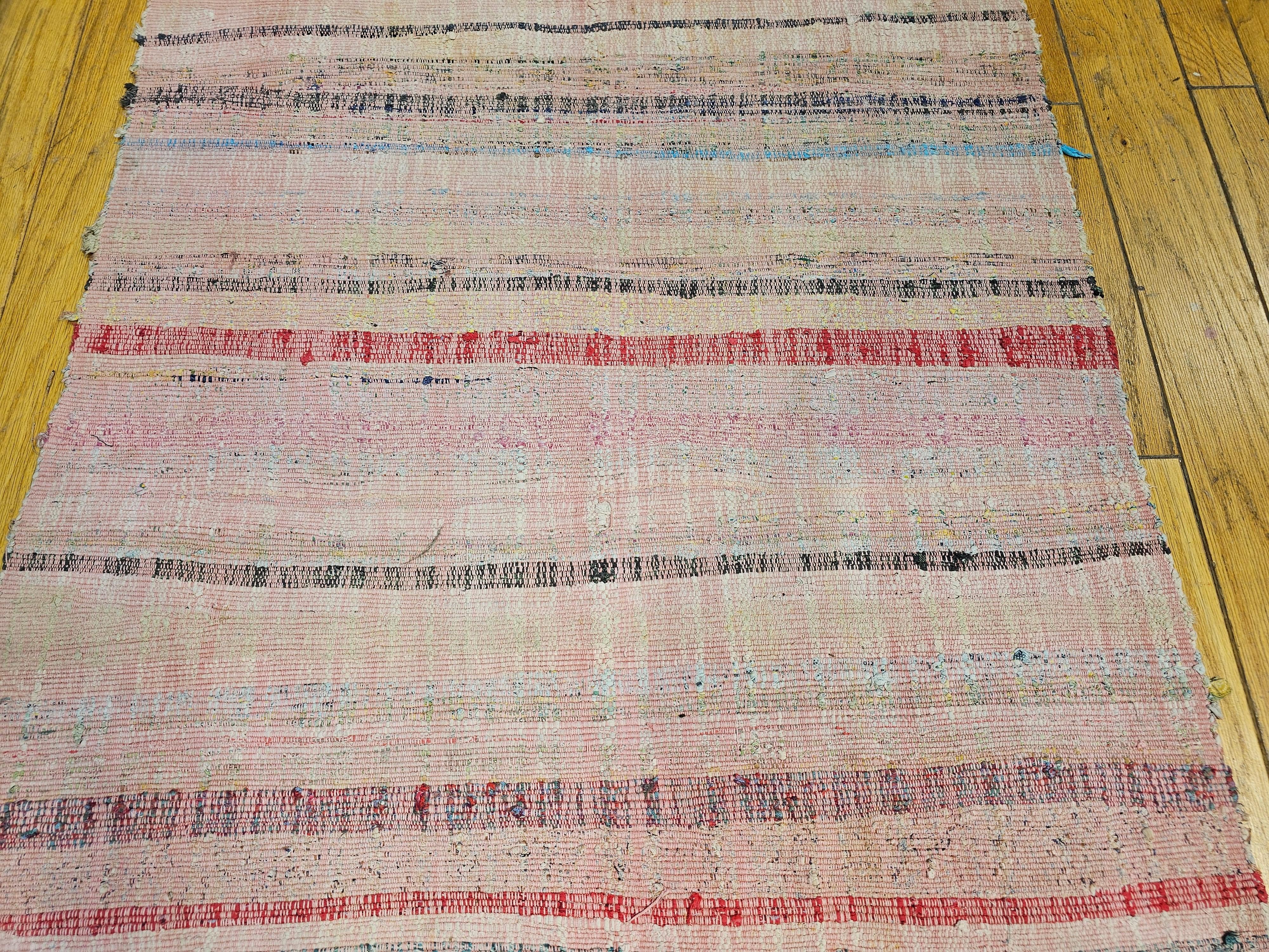 Vintage American Rag Runner in Stripe Pattern in Pink, Cream, Blue, Green, Red In Good Condition For Sale In Barrington, IL