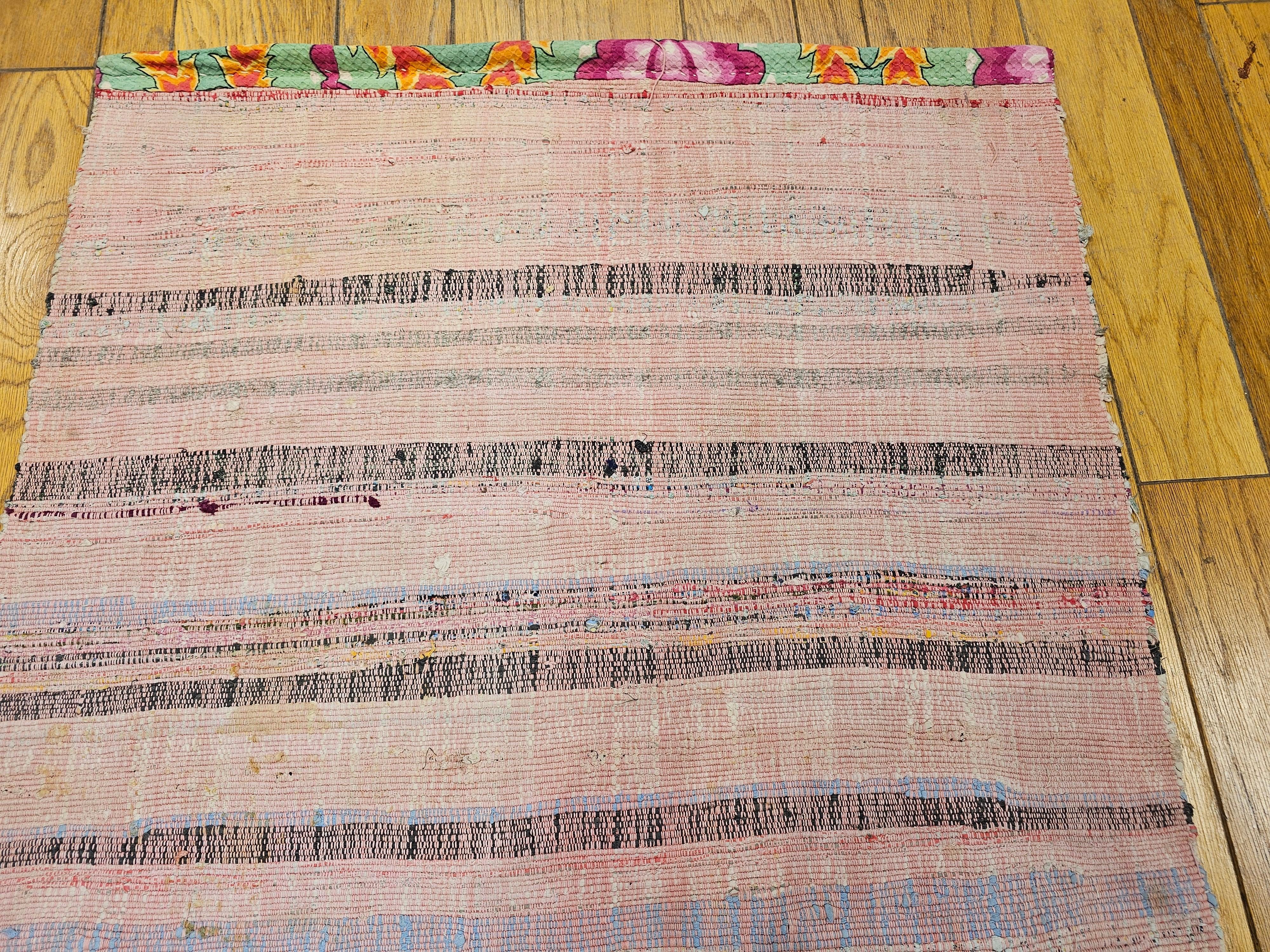 Wool Vintage American Rag Runner in Stripe Pattern in Pink, Cream, Blue, Green, Red For Sale