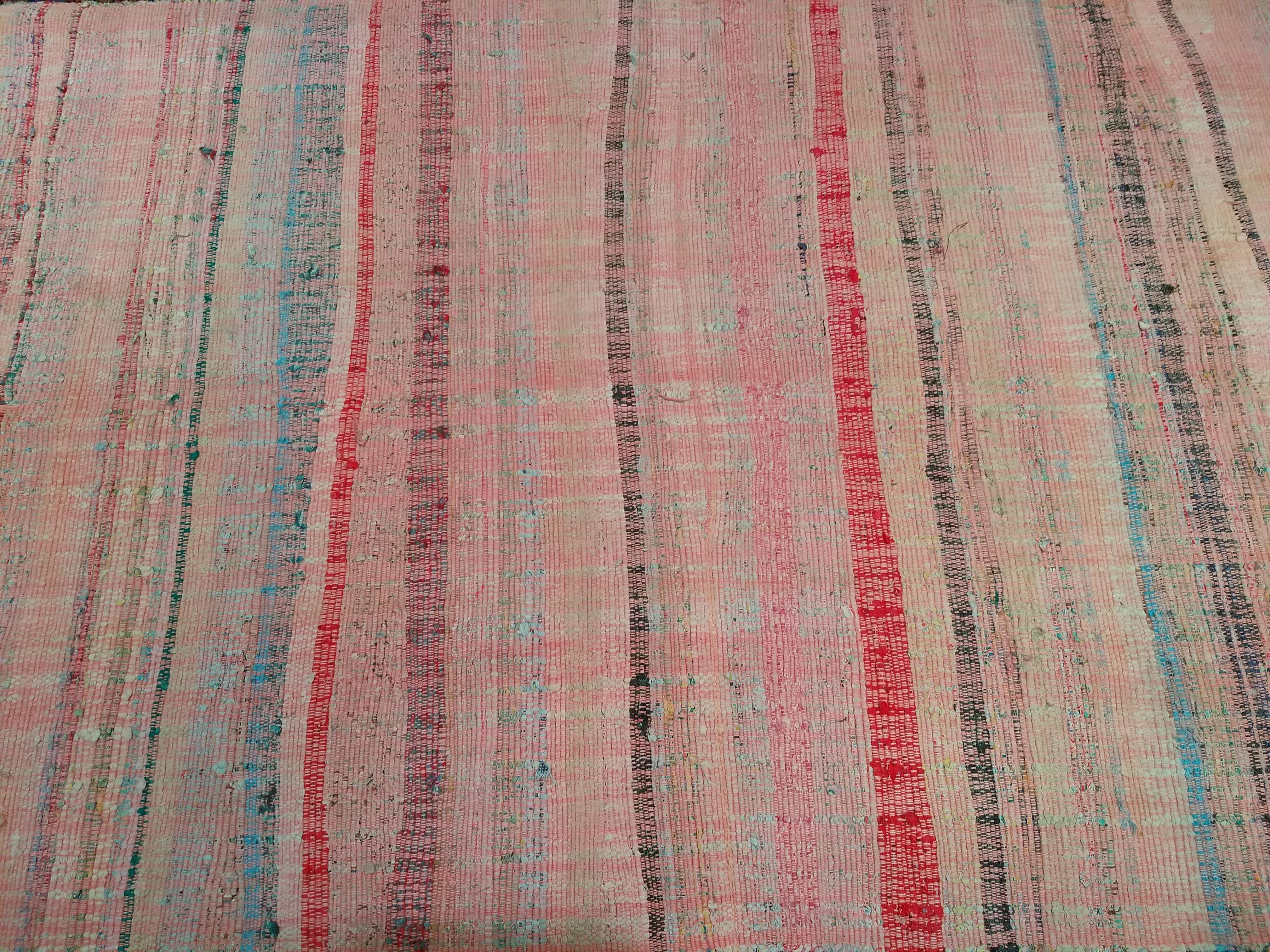 Vintage American Rag Runner with Stripe Pattern in Red, Pink, Cream, Blue, Black For Sale 3